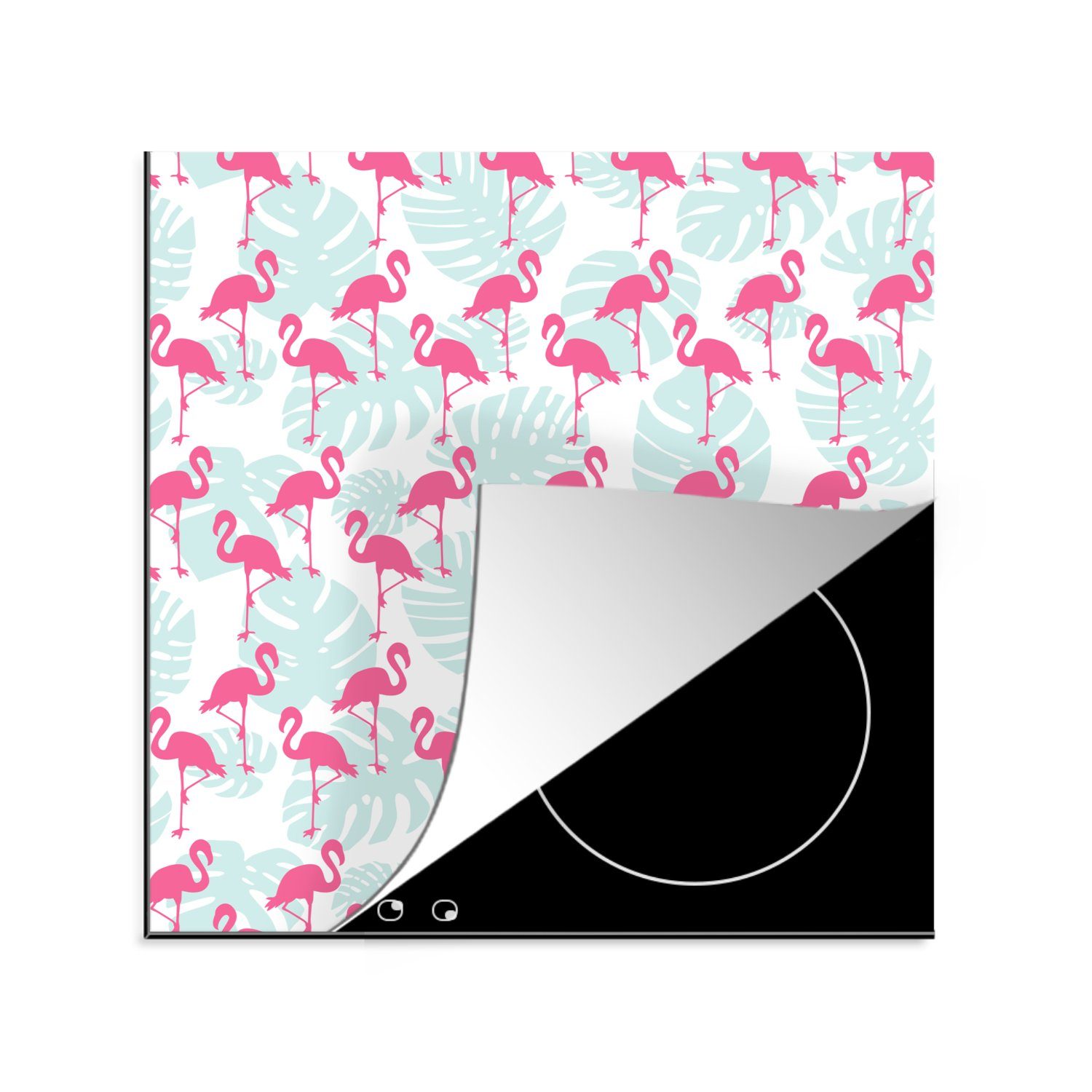MuchoWow Herdblende-/Abdeckplatte Flamingo - Blätter - Sommer, Vinyl, (1 tlg), 78x78 cm, Ceranfeldabdeckung, Arbeitsplatte für küche