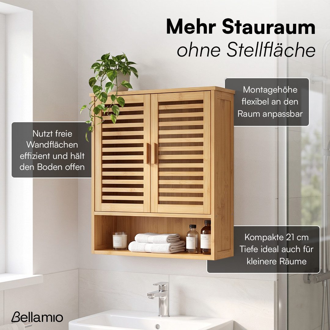 Bellamio Hochschrank Newa aus Bambus, Badezimmerschrank mit Ablage, lackiert (3 Fächer, Wandmontage) Hängeschrank 66,5×21×59 cm, verfügbar in verschiedenen Ausf – Bild 4 von 5