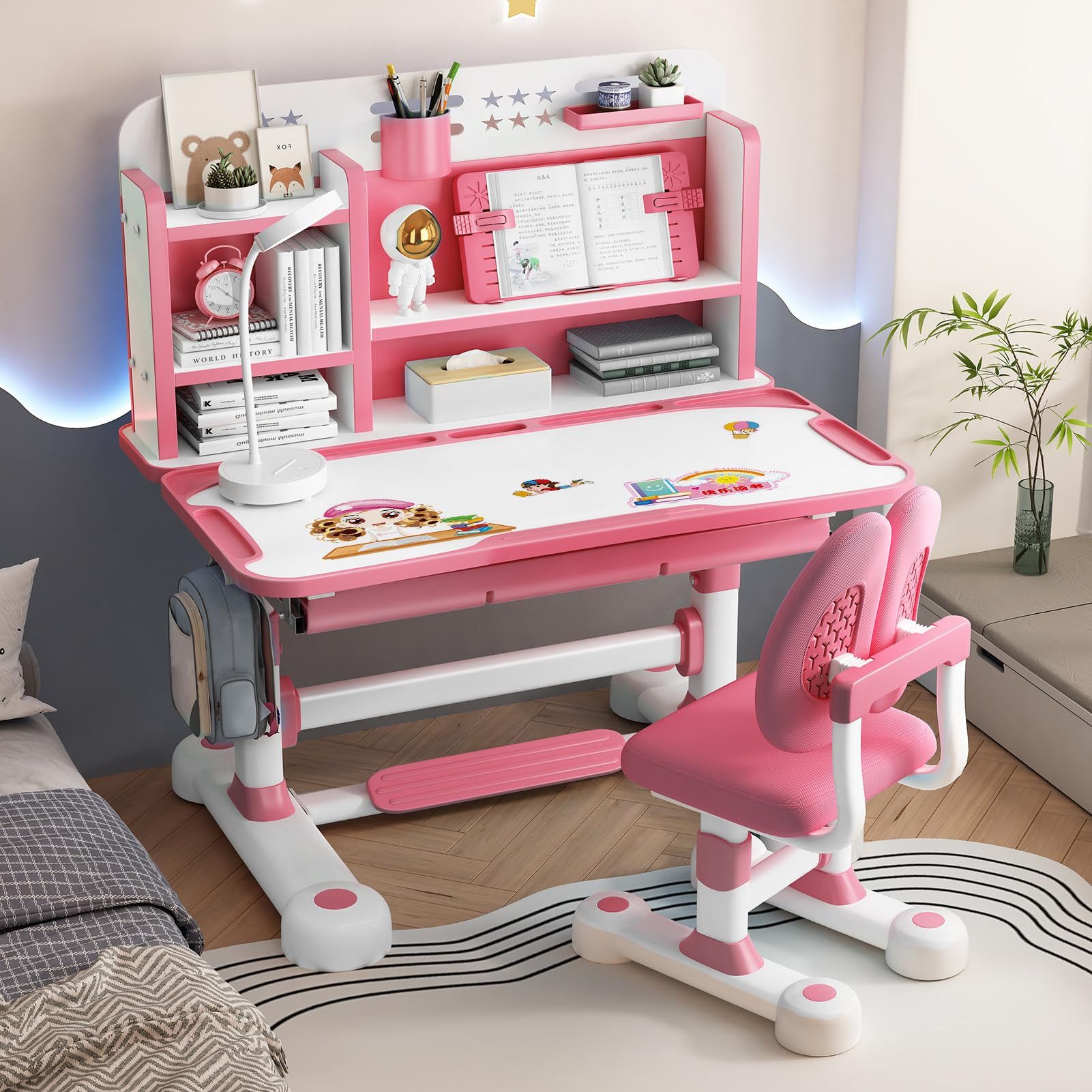 Rutaqian Kinderschreibtisch Kinder-Schreibtisch- und Stuhl-Set,Höhenverstellbar mit Sitzkorrektur (Multifunktionsschreibtisch mit Leseständer,Schublade,Rucksackhaken, 1-St., Ergonomischer Schreibtisch-Stuhl Set,Zonenförmig gestalteter Stauraum), Verstellbarer Schreibplatte, Kinder Schreibtisch für Jungs & Mädchen