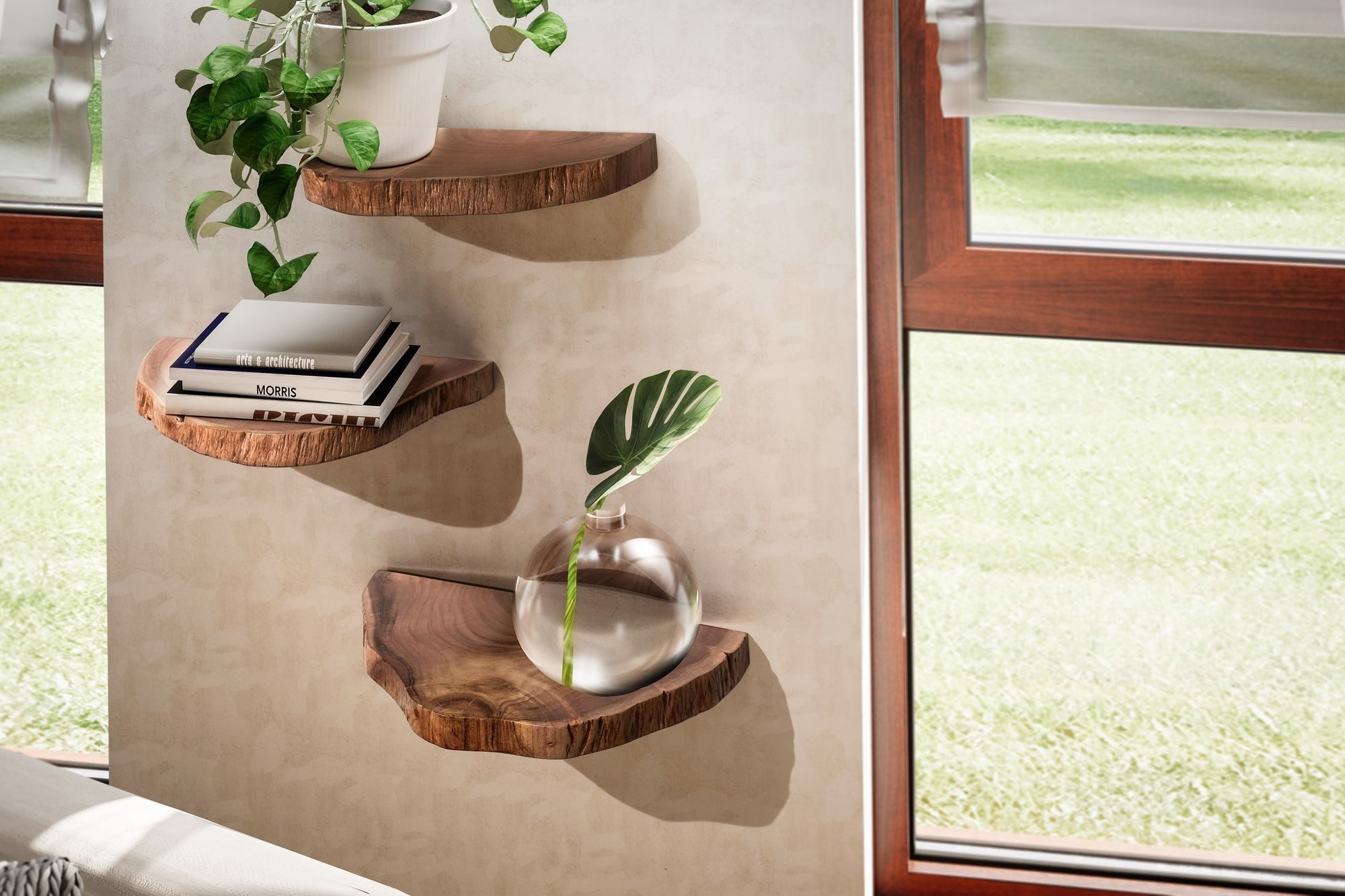 FINEBUY Wandregal FB98594 Pflanzentreppe 3er Set Akazie Vollholz Baumscheibe Wand, mit Baumkante Akazie Vollholz, 3er Set hängend, Hängeregal Baumscheibe, Schweberegal Baumstamm