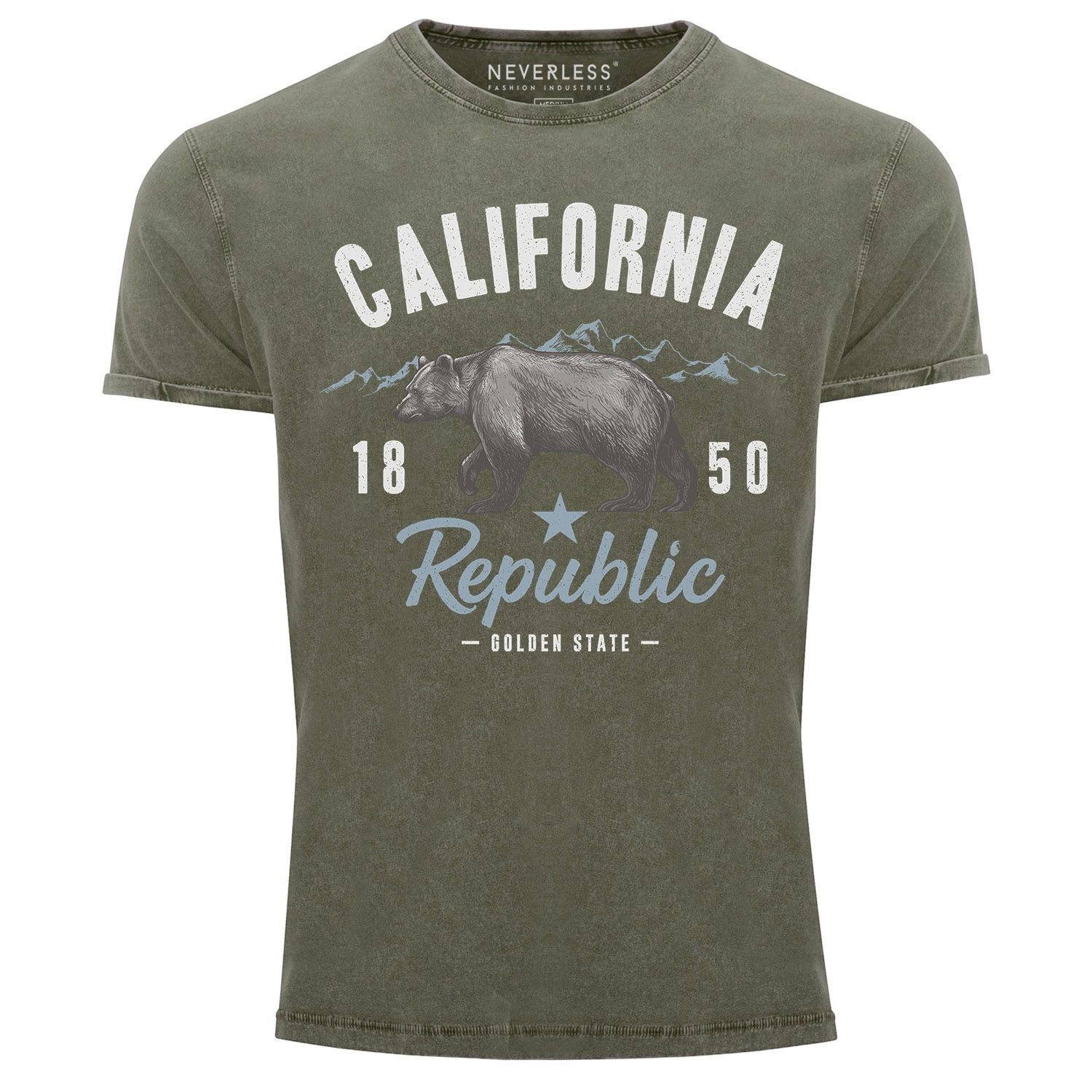 Neverless Print-Shirt Herren Vintage Shirt California Sommer Summer Golden State USA Bär Bear Printshirt T-Shirt Aufdruck Used Look Neverless® mit Print oliv