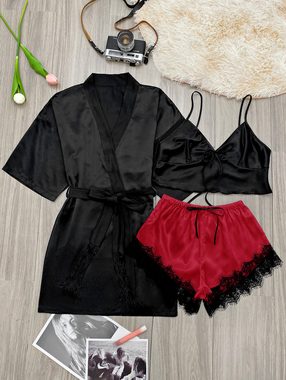 Elegant Love Negligé Satin-Pyjama-Set, Nachtwäsche mit Robe, Dessous-Set, Kimono (Set, 3-tlg., Robe mit V-Ausschnitt + Cami-Shirt+ Shorts mit Spitzenbesatz) Damen-Nachtwäsche und Loungewear, Lingerie für Damen