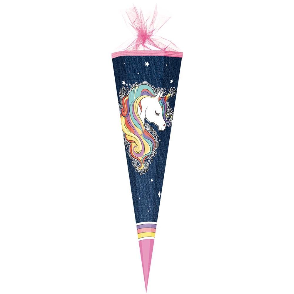 Nestler Schultüte Regenbogen Mähne, 85 cm, eckig, mit rosafarbigem Tüllverschluss, Einhorn-Motiv