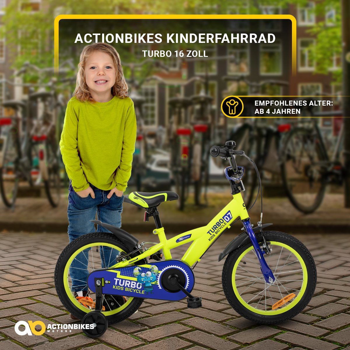 Actionbikes Motors Kinderfahrrad Kinder Fahrrad Turbo mit Stützräder, 1 Gang, ohne Schaltung, (16 Zoll, ab 105 cm Körpergröße, max. Zuladung 40 kg, Reflektoren, Stützräder, Klingel, Antirutschgriffe, Lenkerschutz, Kettenschutz, V-Brake-Bremse, Luftbereifung, Schutzbleche, gelb / blau), höhenverstellbares Bike Jungen Mädchen Kinderrad ab 4 Jahre
