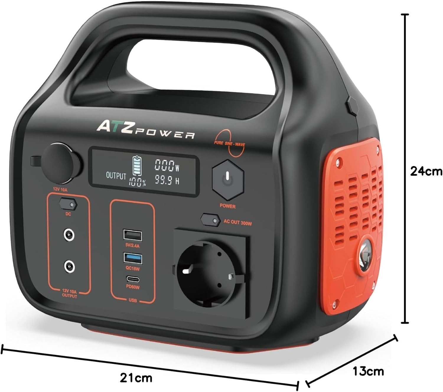 ATZ Power PYS-PEP-E00300 Power Station 296Wh, 300W Output, USB-C & Solar Charging PS-296Wh (12V - 28V), Portable Power Station 296Wh Battery, USB-C, Solar Charging, LED Light 3.6 kg