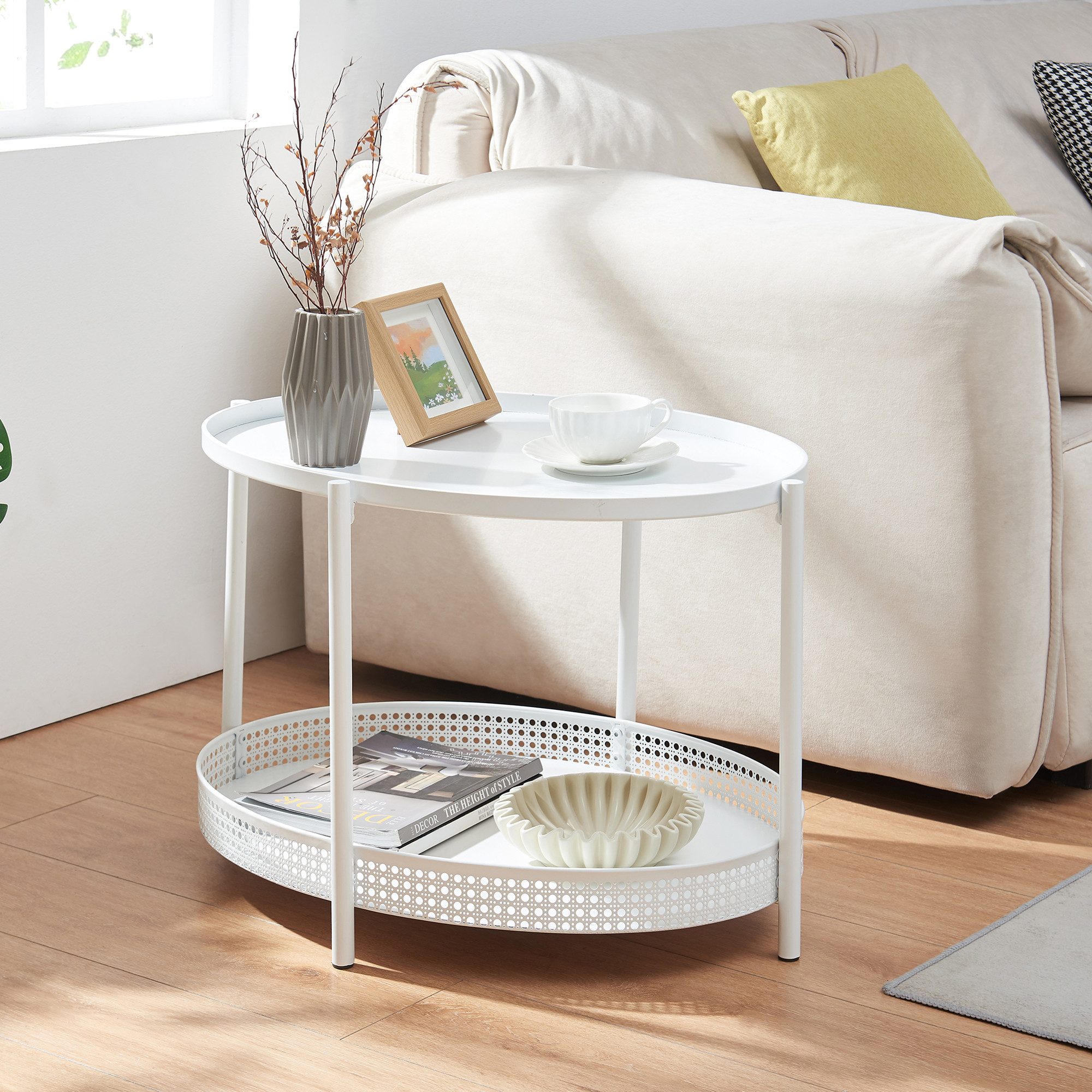 en.casa Couchtisch, »Jäller« Metall oval in Rattan-Optik 66 x 51 x 44 cm Weiß