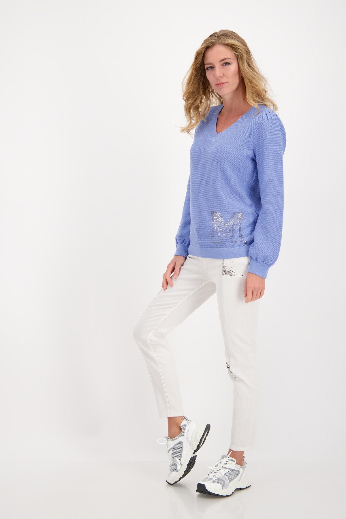 Applikation Monari mit Baumwollpullover V-Ausschnitt-Pullover Strass