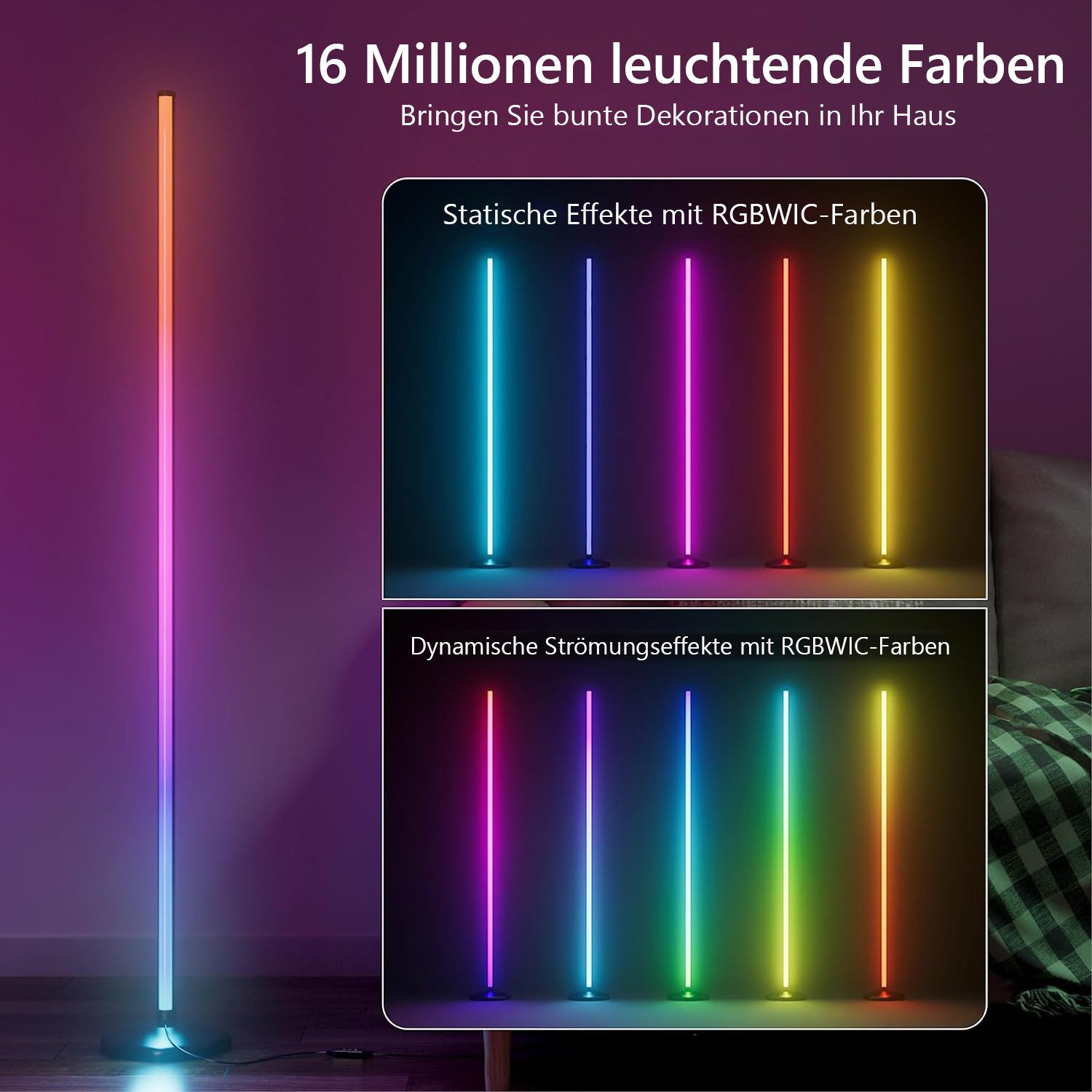 MUPOO LED Stehlampe LED Stehleuchte,RGB LED Eckleuchte mit Musiksynchronisation & Timer, mit Fernbedienung und APP, 16 Millionen Farben,für Spielzimmer