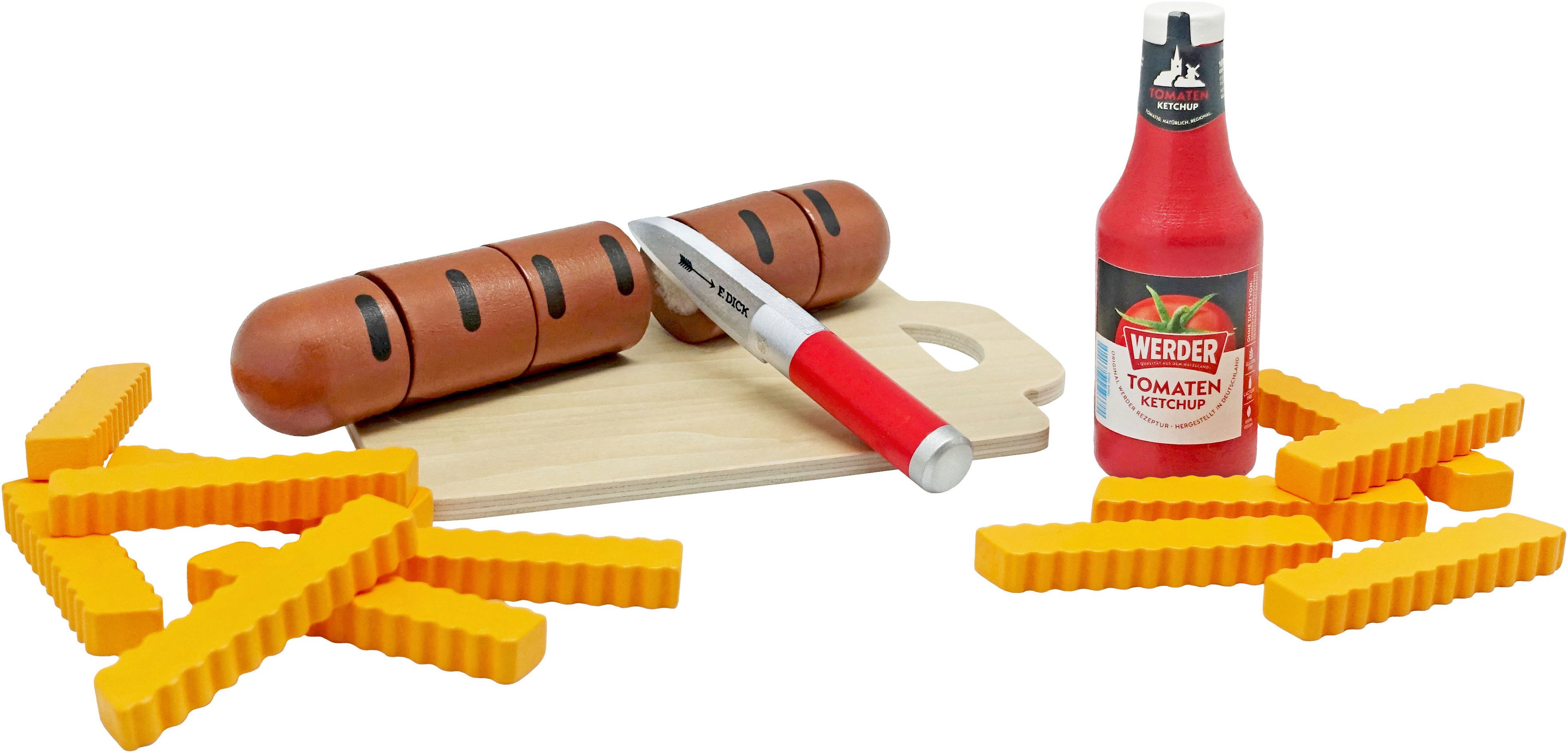 Tanner Spiellebensmittel Bratwurst zum Schneiden mit Pommes und Werder Ketchup, aus Holz, FSC® - schützt Wald
