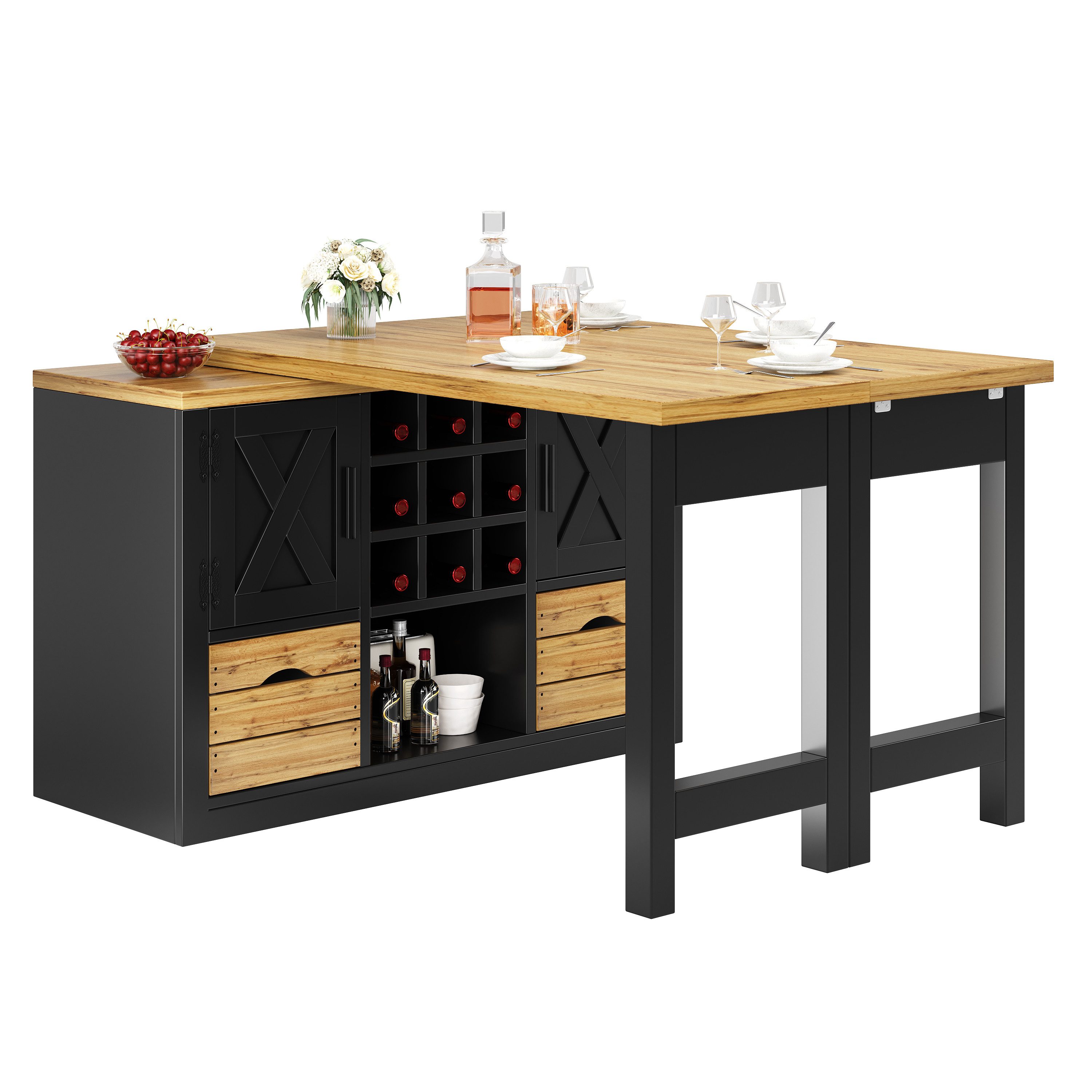 KLAM HOME Kücheninsel Ausziehbarer Kücheninsel-Esstisch Schwarz mit 360° drehbarer Platte, (Multifunktionaler MDF Tisch mit Sideboard & großem Stauraum), Transformierbarer Ess- und Küchentisch bis 197cm ausziehbar