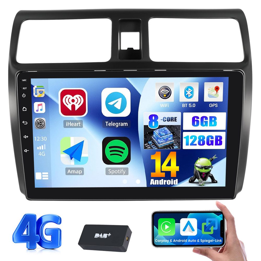 ESSGOO 6+128G 8-Kern Autoradio für Suzuki Swift 2005-2010 Android 14 Carplay Autoradio (DAB+ (optional), RDS, 6GB+128GB, AM, FM, 4G, Wireless Apple Carplay & Android Auto,2 DIN,WMA,ASP)