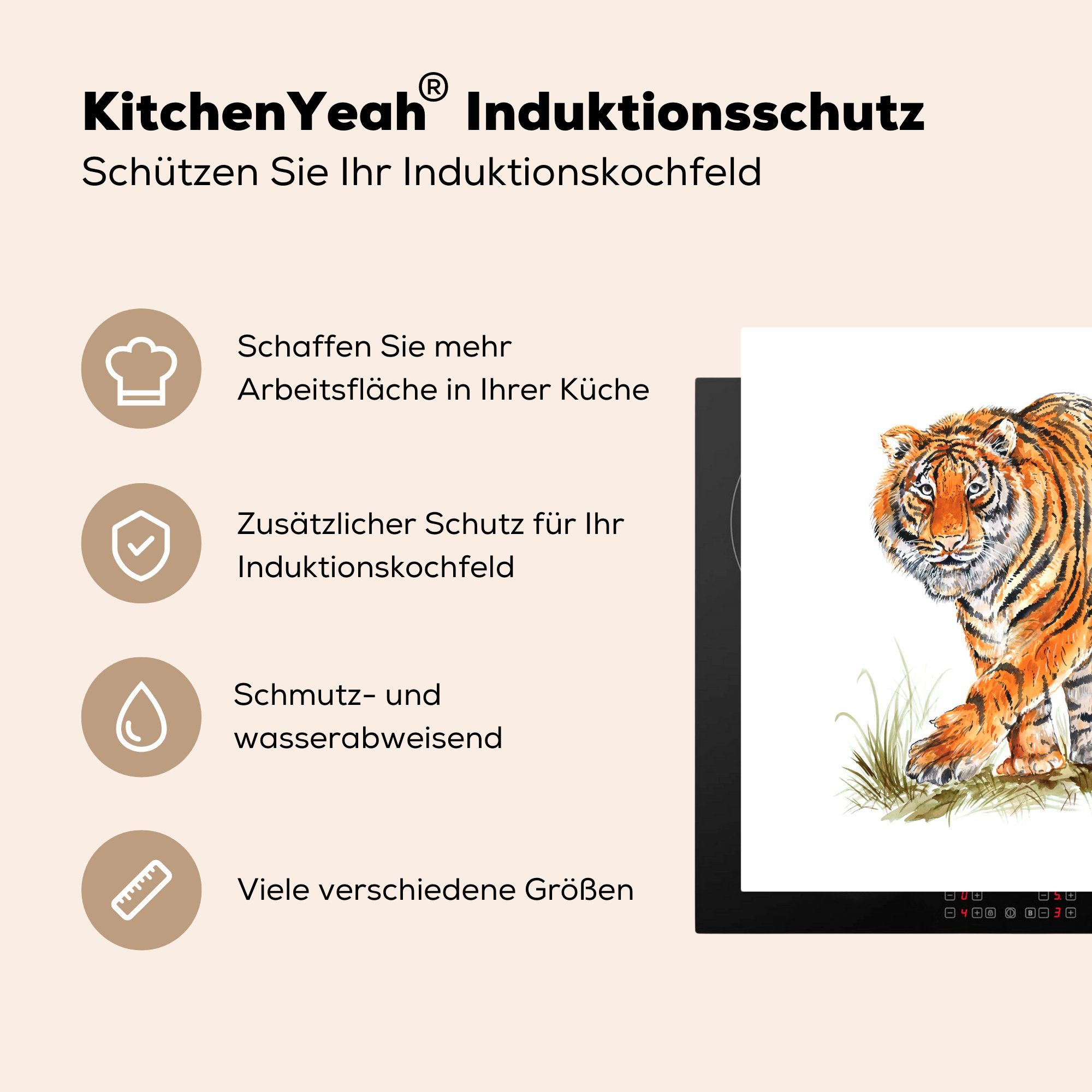 MuchoWow Herdblende-/Abdeckplatte Tiger - küche 78x78 Kopf, Ceranfeldabdeckung, cm, Vinyl, - tlg), für (1 Arbeitsplatte Gras