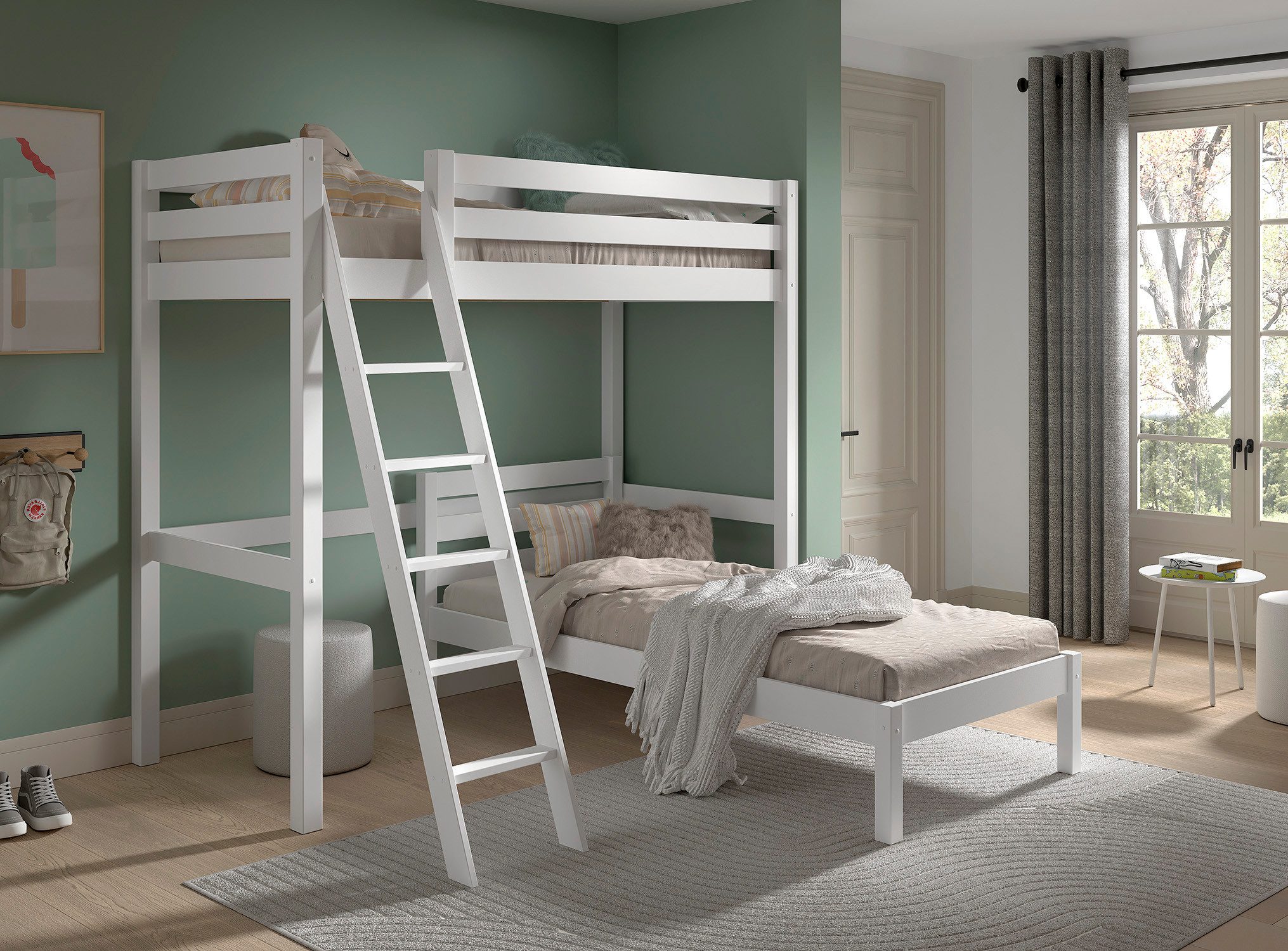 Vipack Hochbett mit 2 Liegeflächen 90/200 Made in Europe, Kiefer massiv weiß lackiert (B/H/T ca.209x190x211cm) Leiter schräg angestellt, stabil gebaut) Raum unter dem Bett kann genutzt werden, Einzelbett separt stellbar