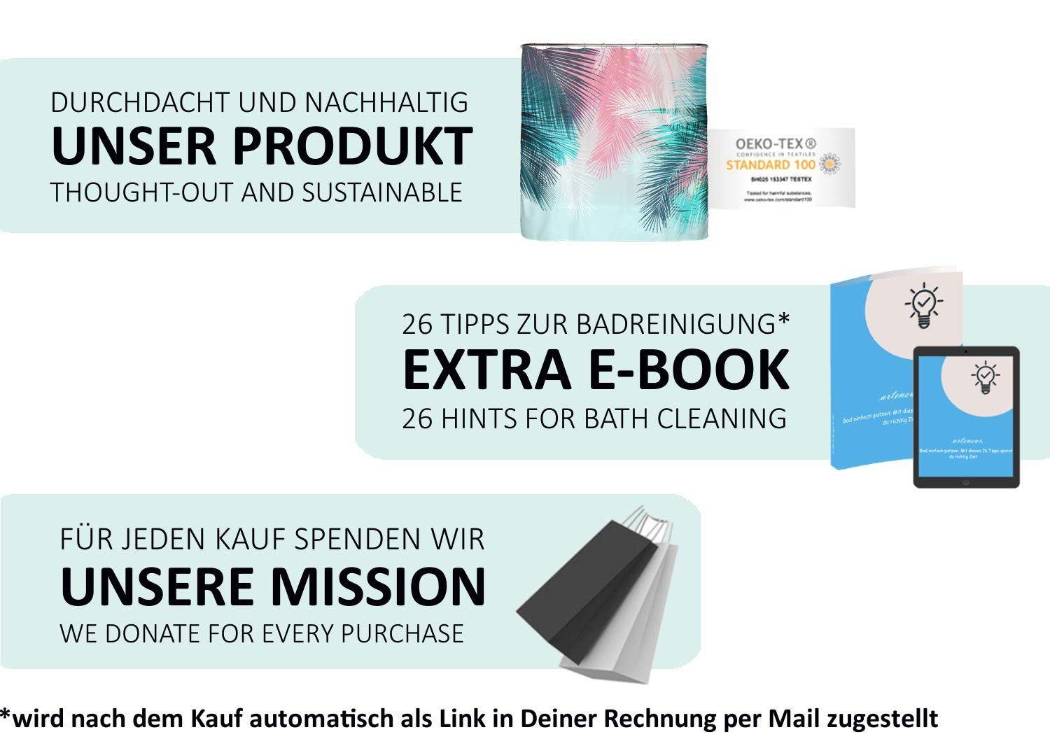 Arteneur Duschvorhang Breite 120 cm, Anti-Schimmel Beschichtet, Beschwerter Saum, Waschbar 40°C