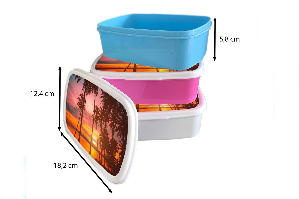 MuchoWow Lunchbox Meer Silhouette, - Erwachsene, für Kunststoff, Sonnenuntergang für - weiß Brotbox Jungs Kinder und Mädchen - Palme Strand (2-tlg), und Brotdose, 