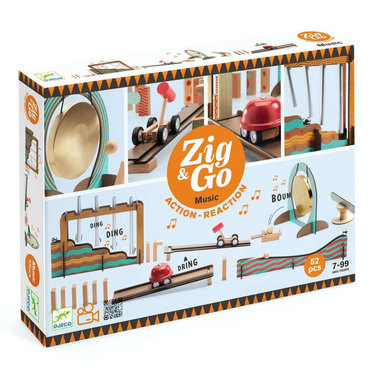 DJECO Kugelbahn-Bausatz Zig & Go Domino Kugelbahn Musik 52 Teile Baukasten aus Holz