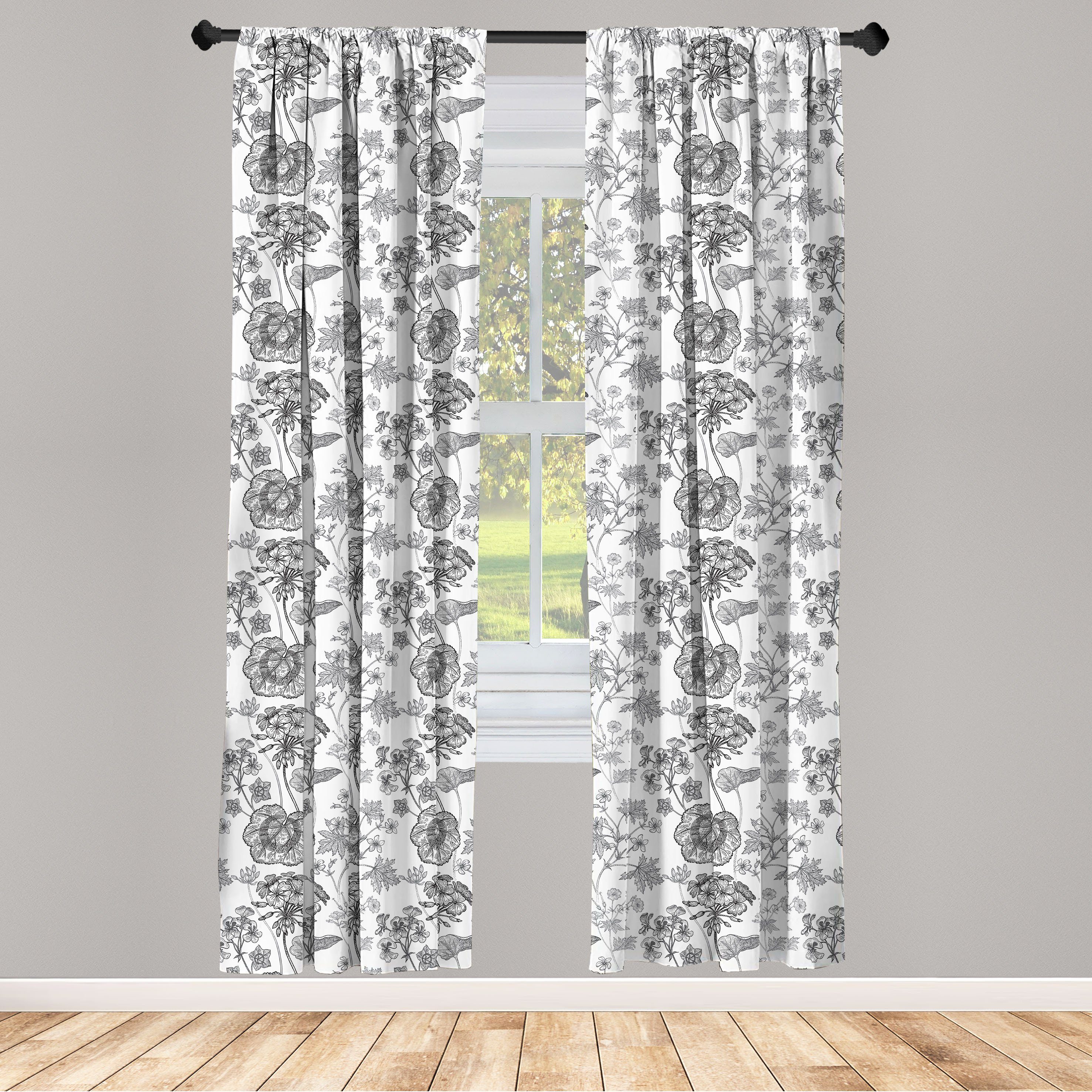 Gardine Vorhang für Wohnzimmer Schlafzimmer Dekor, Abakuhaus, Microfaser, Vintage Botanik Pelargonium Geranium | Fertiggardinen