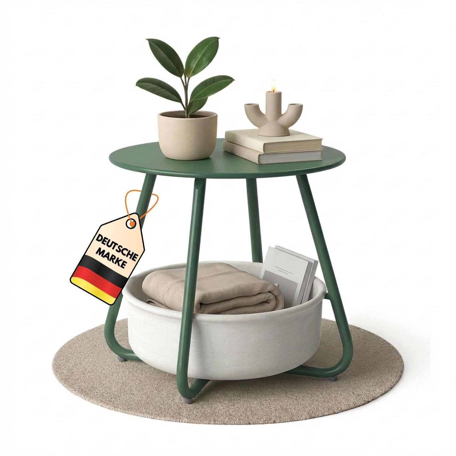 Coemo Wohnzimmertisch KOSI, Grün Metallgestell Couchtisch mit Aufbewahrungskorb Canvas