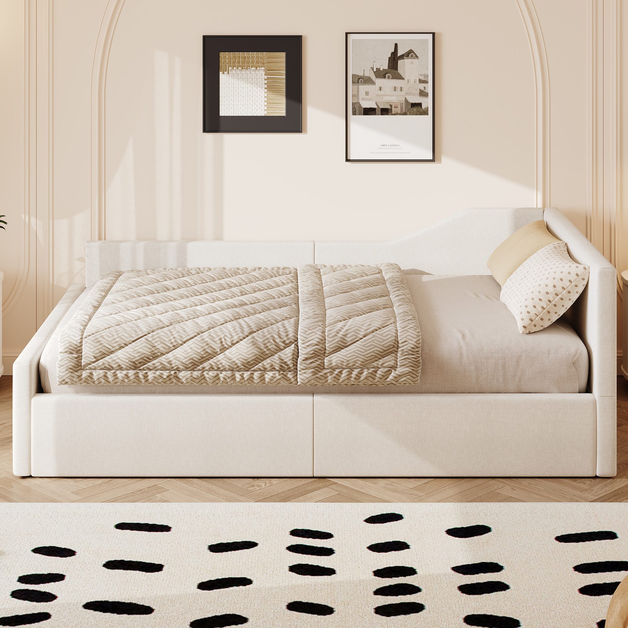 SOFTWEARY Stauraumbett mit Stauraum (140x200 cm), Polsterbett mit Lattenrost und Kopfteil, Doppelbett, Leinen – Bild 2 von 5