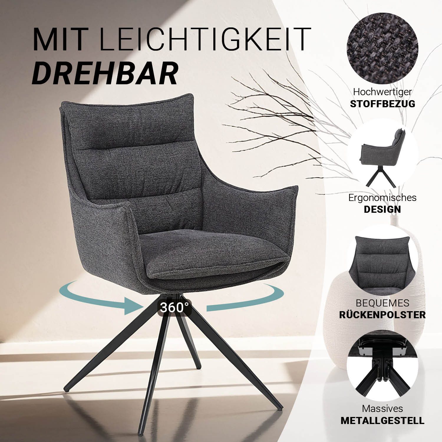 Homestyle4u Armlehnstuhl Esszimmerstuhl Drehbar 360° Grau Metallgestell Esstisch Küche (2 St), gepolstert, drehbar, Metallfuß, weicher Bezug