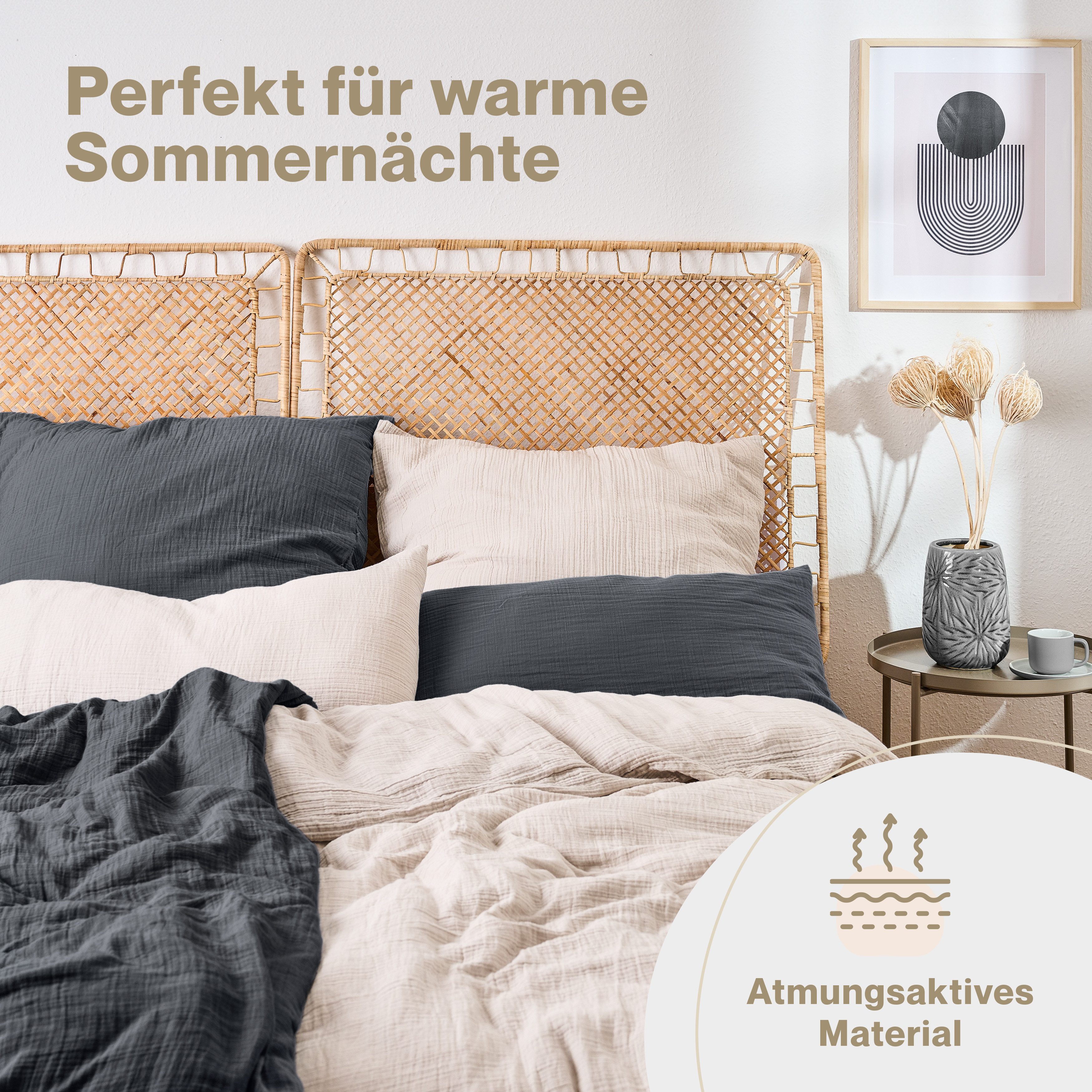 Blumtal Bettwäsche Musselin 100% Baumwolle im Set, Kopfkissenbezug & Deckenbezug, 2 teilig