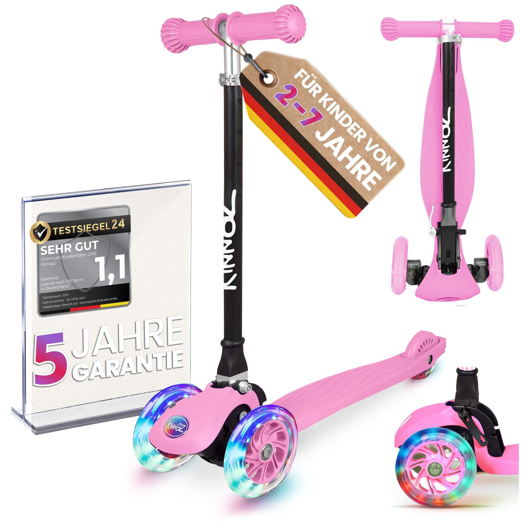 KINNAZ Dreiradscooter ab 2 Jahre LED, faltbar, Höhe flexibel, Kinderoller, Scooter, Roller, (Kinderroller, kinnaz ONE), Händler aus Hamburg