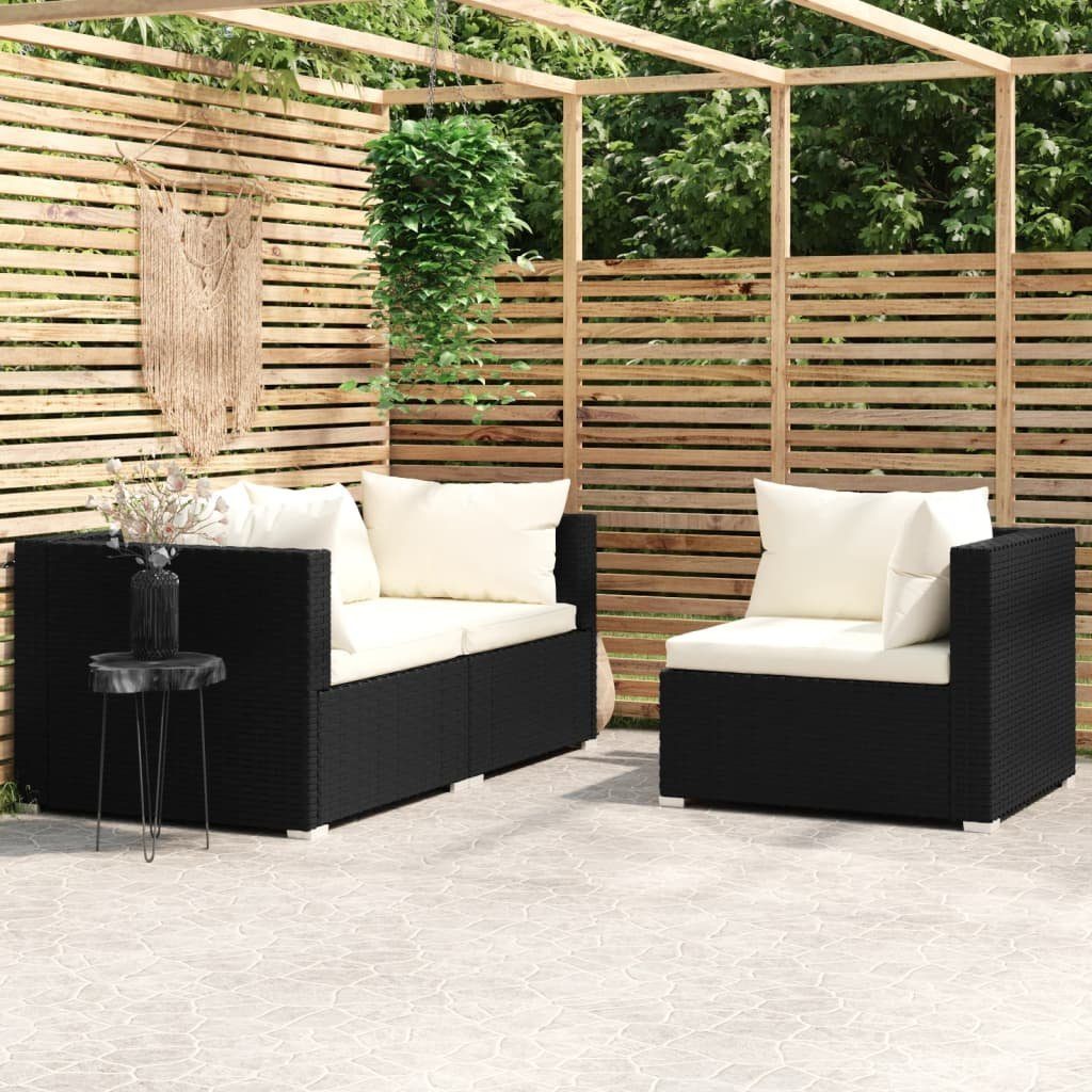 vidaXL Loungesofa 3-tlg. Garten-Lounge-Set mit Auflagen Schwarz Poly Rattan, 1 Teile Schwarz und Creme | Alle Sofas