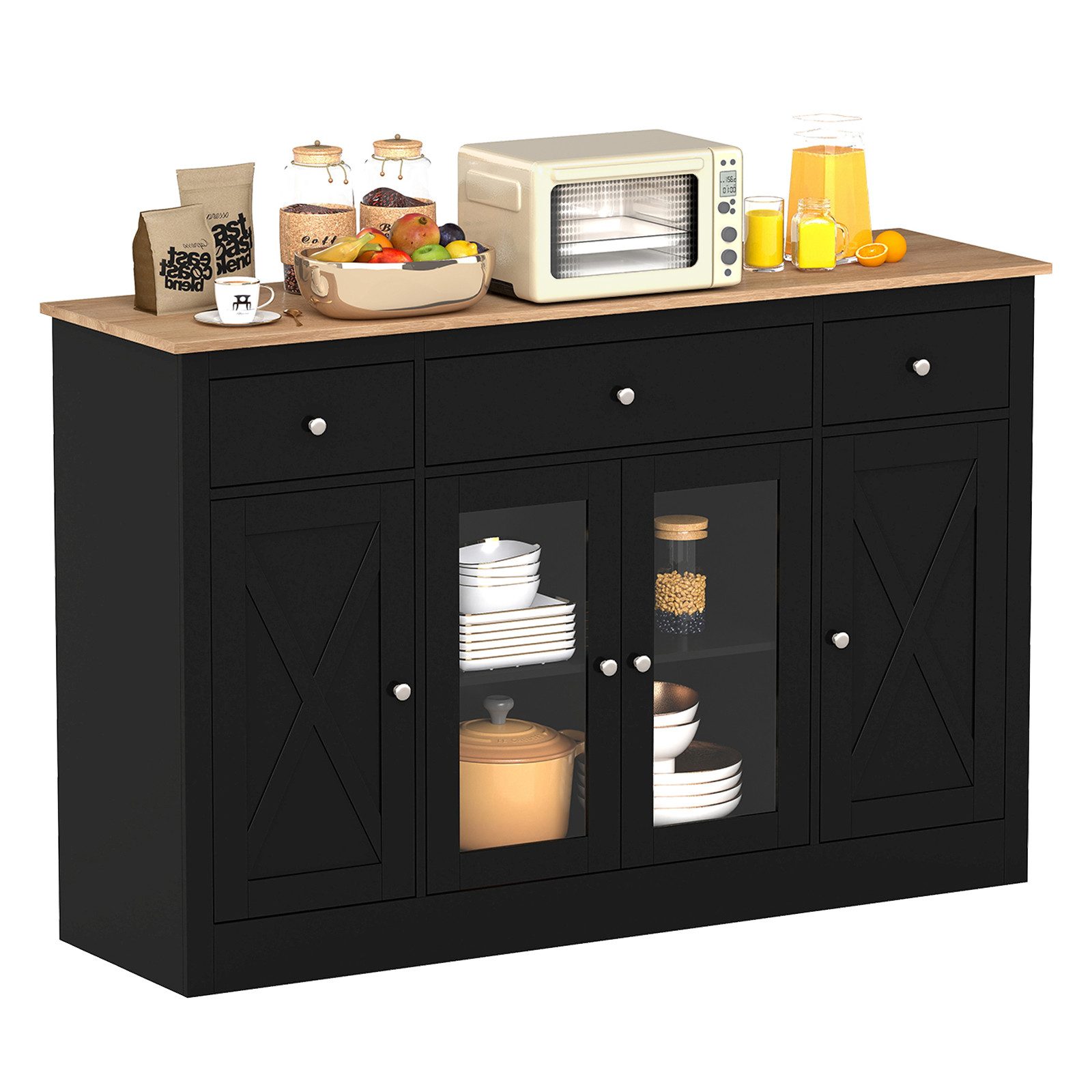 COSTWAY Küchenbuffet Sideboard Holz mit 2 Glastüren & verstellbaren Regalen