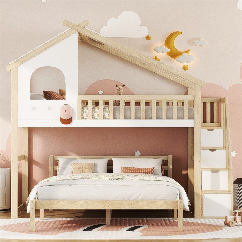 XDeer Etagenbett 90*200cm, Hochbett, Hausleiste, Stauraumleiter, unteres, Stockwerk 140*200cm, Weiß+Natur