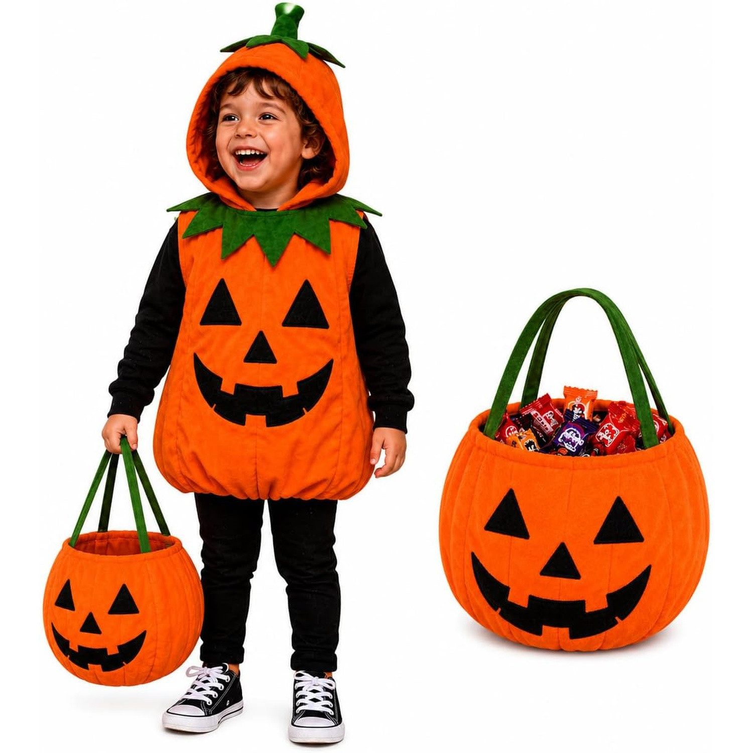 TK Gruppe Kostüm Kürbiskostüm für Kinder mit Kapuze und Tasche, Halloween