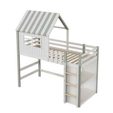 MODFU Kinderbett mit Sicherheitsleiter mit Ablagefach Massivholzbett mit Lattenrost (für Jungen und Mädchen, Hochbett 90x200 cm), ohne Matratze