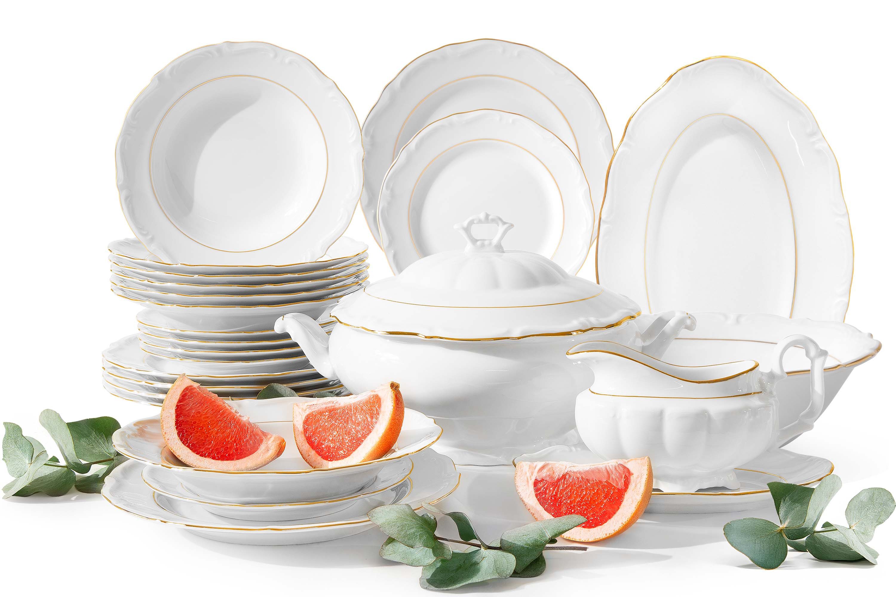 KONSIMO® Kombiservice CHODZIEZ MARIA TERESA Geschirrset, Hochwertiges Premium-Porzellan (23-tlg), 6 Personen, Porzellan, mit eleganten Verzierungen, Handdekoration in echtem Gold