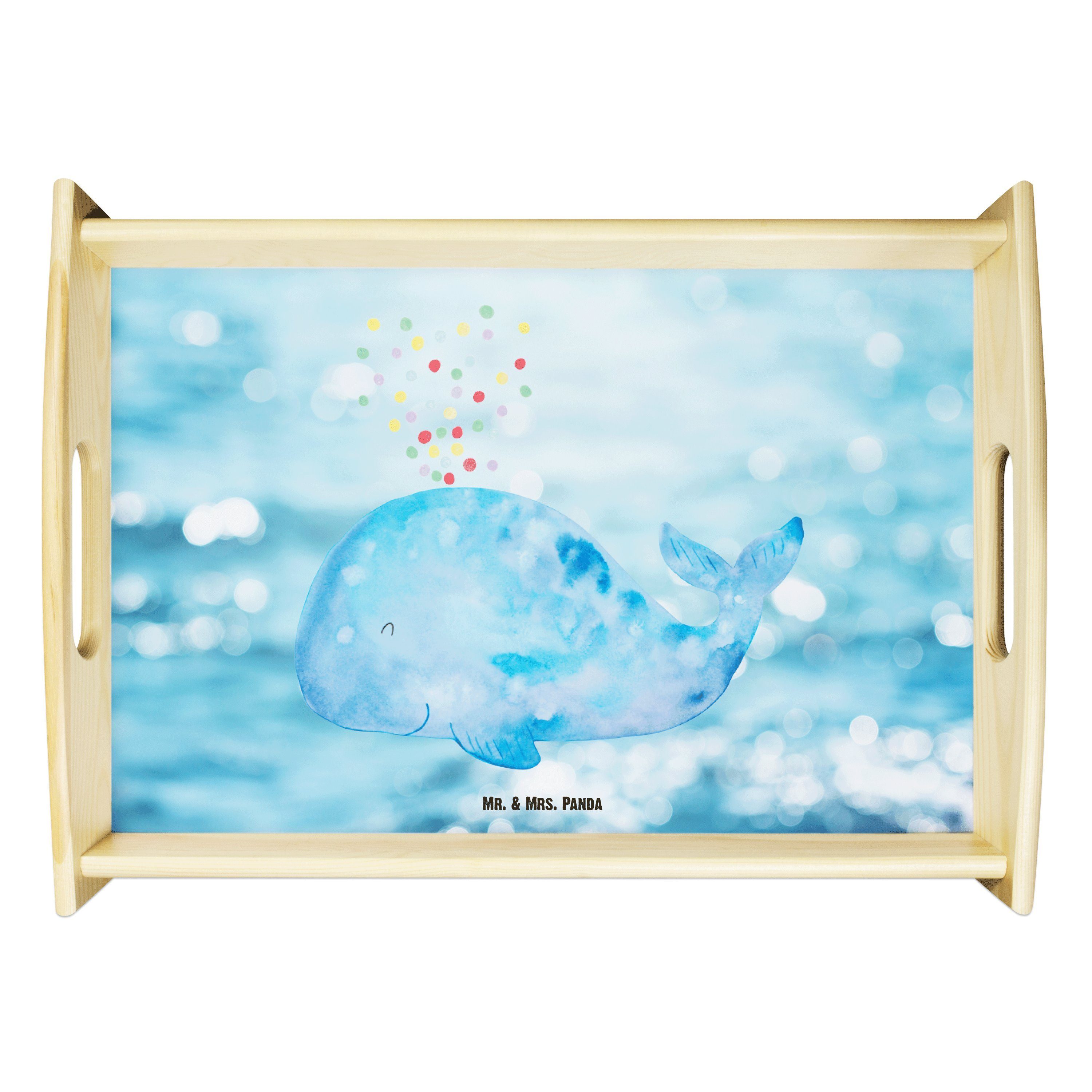 Mr. & Mrs. Panda Tablett Wal Konfetti - Oceanblue - Geschenk, Abnehmen, Meer, Dekotablett, Wal, Echtholz lasiert, (1-tlg)