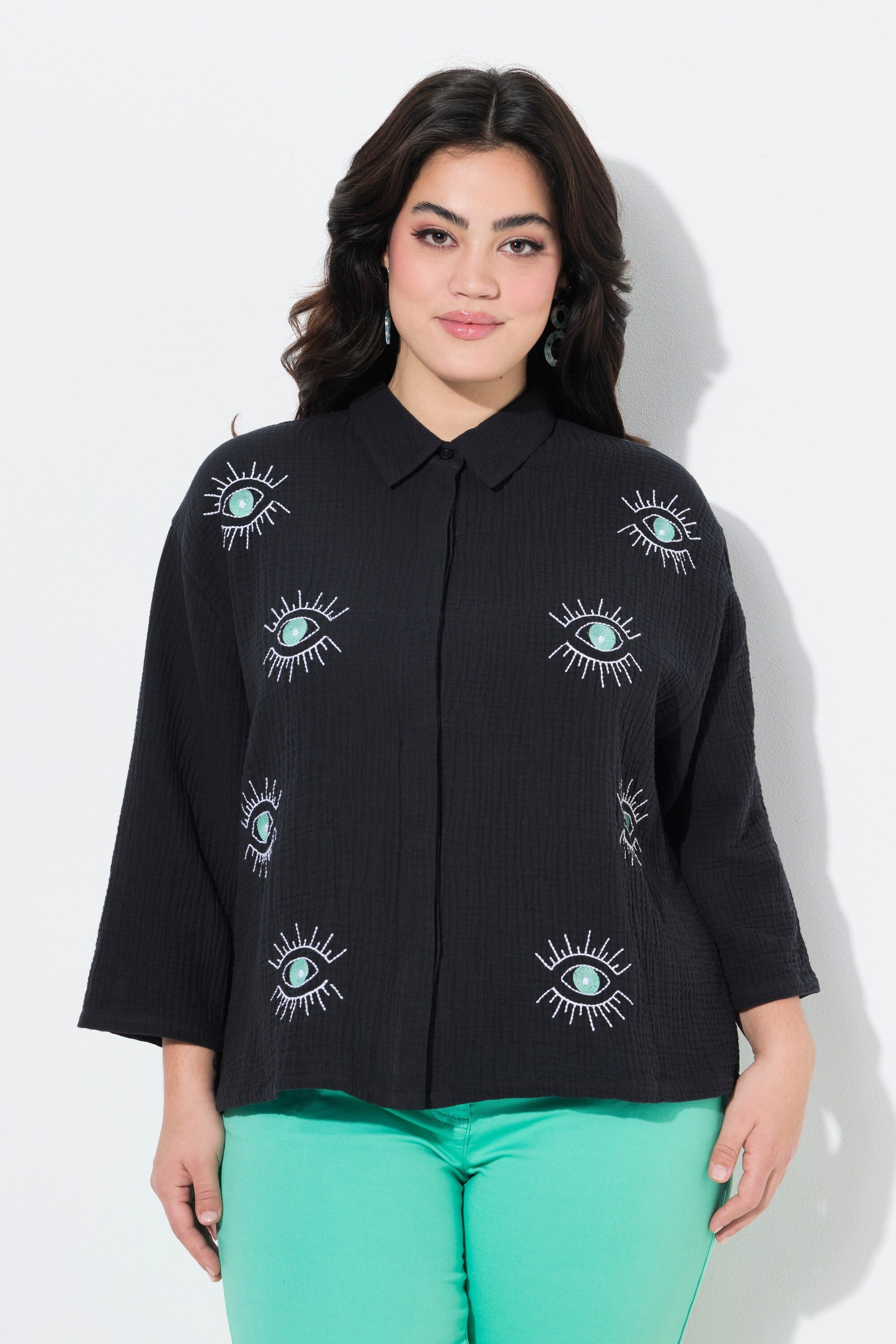 Angel of Style Hemdbluse Hemdbluse Boxy Fit Musselin Augen-Stickerei günstig online kaufen