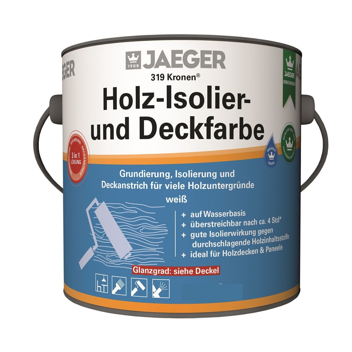 Jaegerlacke Wand- und Deckenfarbe 319 Kronen Holz-Isolierfarbe Deckfarbe 3in1 weiss, geruchsarm, ideal für Holzdecken und Paneele