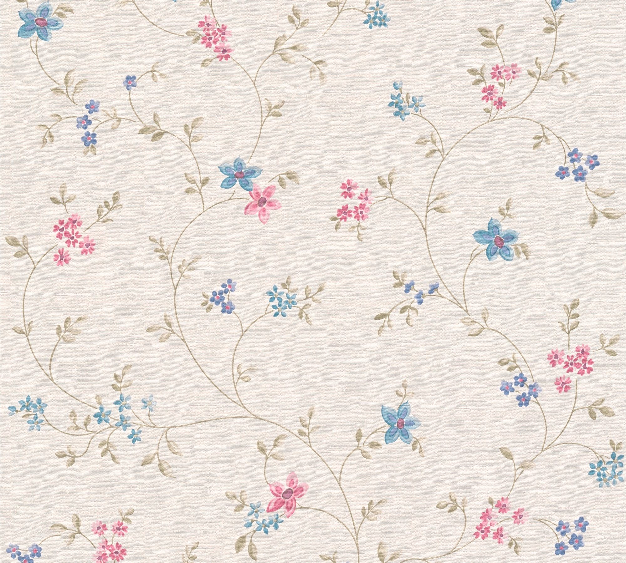 A.S. Création Vliestapete Landhaustapete mit Blümchen, leicht strukturiert, matt, gemustert, neutral, (1 St), Tapete Floral Blumenranke Tapeten Wohnzimmer Schlafzimmer Küche Design