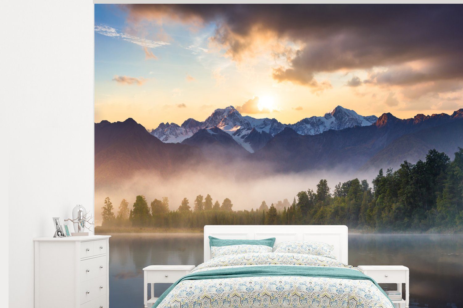 MuchoWow Fototapete Meer - Berge - Neuseeland, Matt, bedruckt, (5 St), Montagefertig Vinyl Tapete für Wohnzimmer, Wandtapete