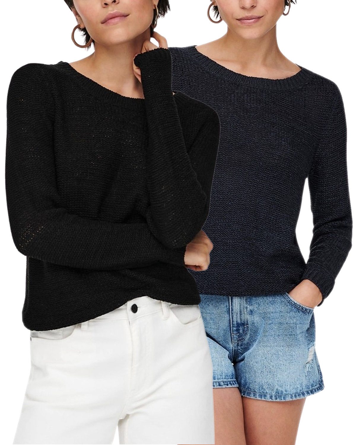 ONLY Strickpullover Elegante Damenpullover mit Rundhals-Ausschnitt (Set, 2er-Pack) Körperbetonte Pullover mit feinen Rippstrickbündchen
