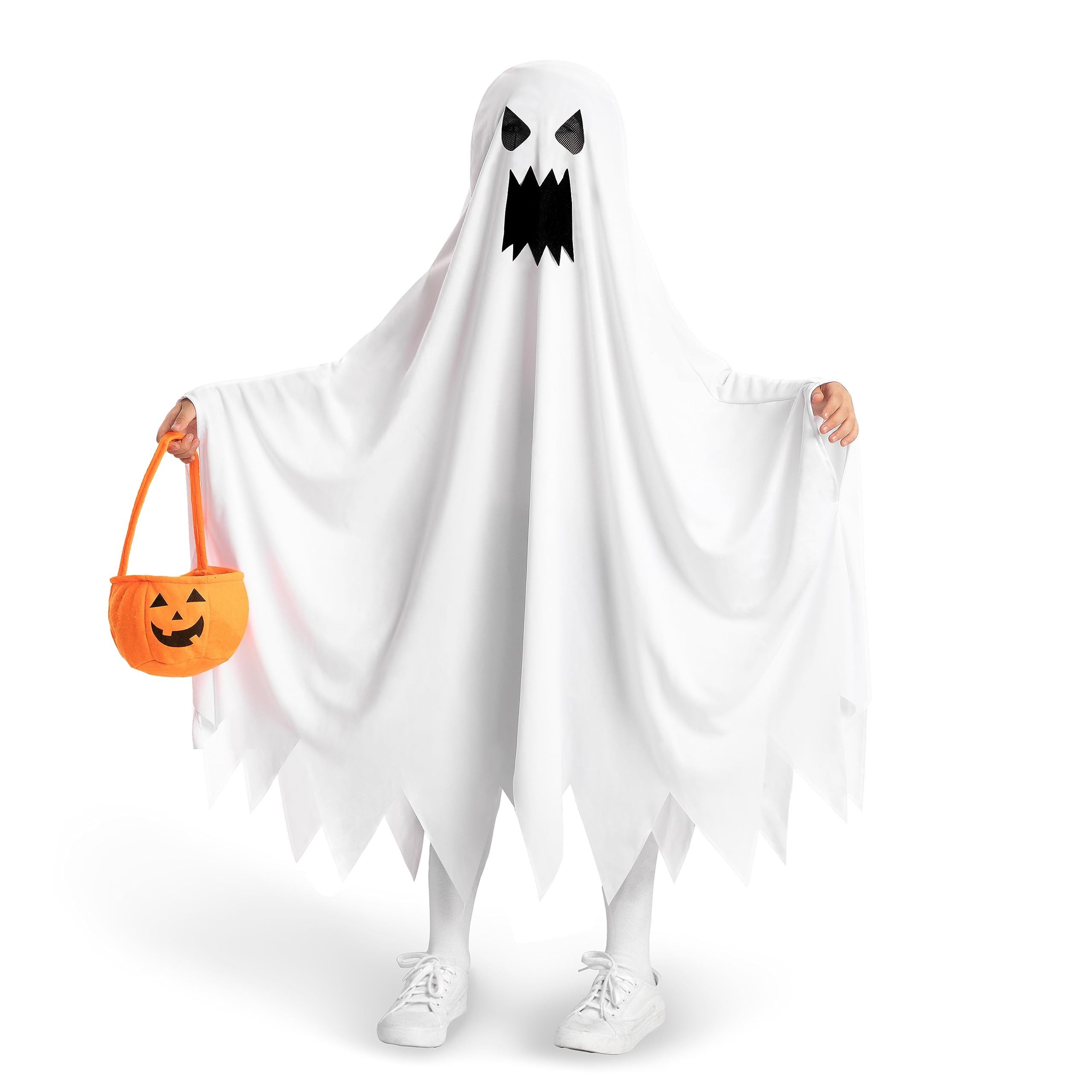 nsihing Kostüm Weißem Umhang,Kinder Halloween-Geisterkostüm mit Kürbistasche, für Jungen, Mädchen-Halloween-Verkleidung, Rollenspiel