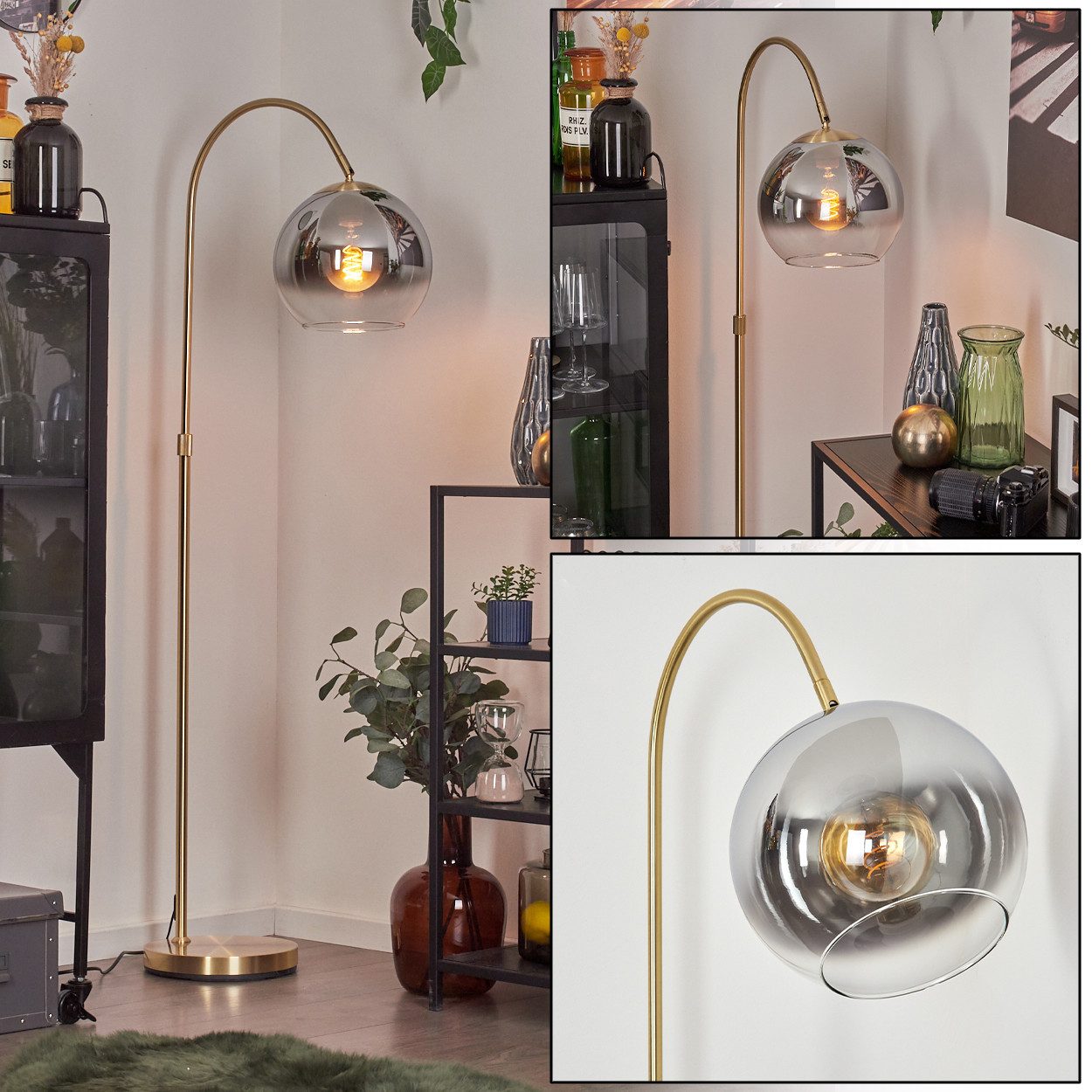 hofstein Bogenlampe Stehlampe aus Metall/Glas in Messing/Chrom/Rauch/Klar, ohne Leuchtmittel, Glasschirm (25cm) u. Fußschalter, 1x E27, ohne Leuchtmittel