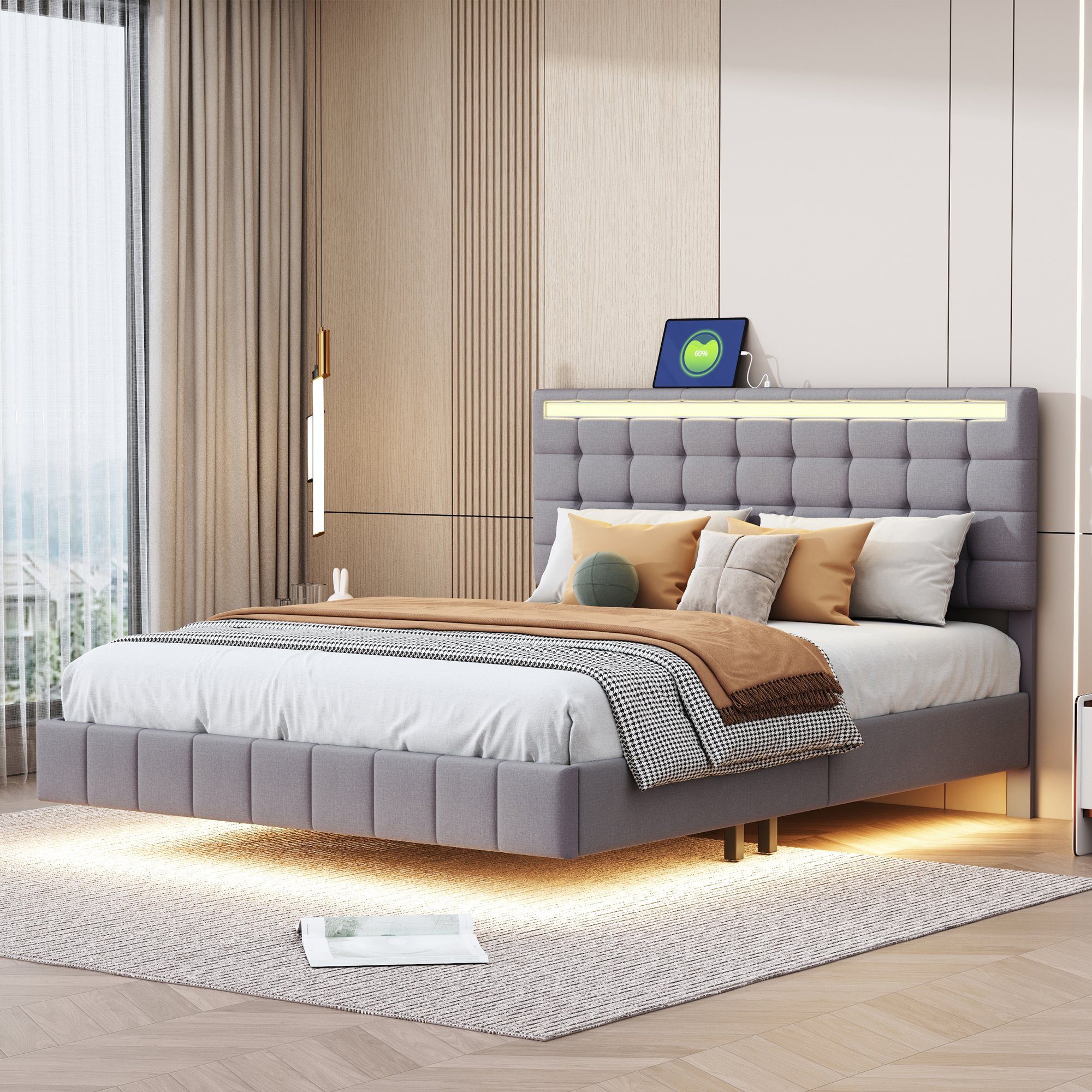 Flieks Polsterbett, LED-Beleuchtung Doppelbett Schwebebettrahmen 140x200cm günstig online kaufen