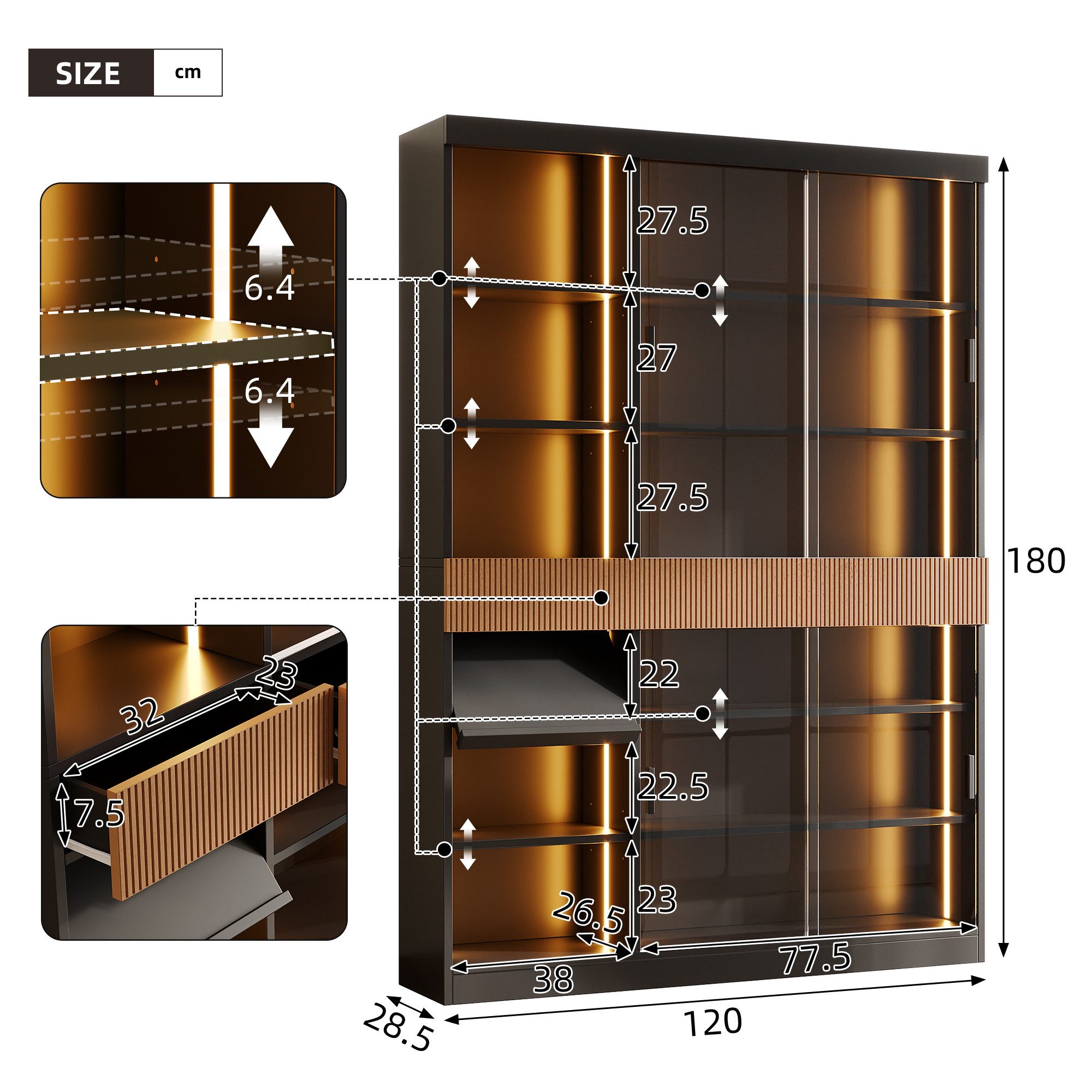 Flieks Glasvitrine mit LED-Beleuchtung, 4 Glasschiebetüren, 3 Schubladen, Klappablage (Wohnzimmerschrank mit verstellbarer Einlegeböden, 1-St., 120x28,5x180 cm) – Bild 4 von 5