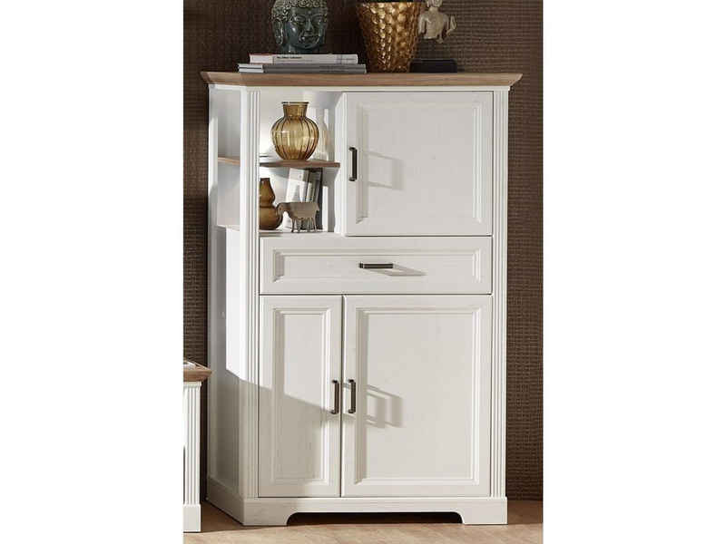 möbelando Highboard Jasmin, Highboard mit 3 Holztüren und 1 Schublade sowie 2 offene Fächer. Tür und Schubkasten mit Soft-Close-Funktion und Metallgriffen inkl. Beleuchtung