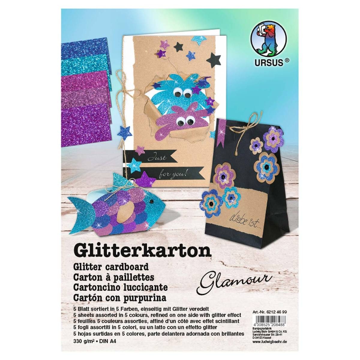 Ursus - Ludwig Bähr Bastelkartonpapier URSUS Glitterkarton Glamour DIN A5 5 Blatt