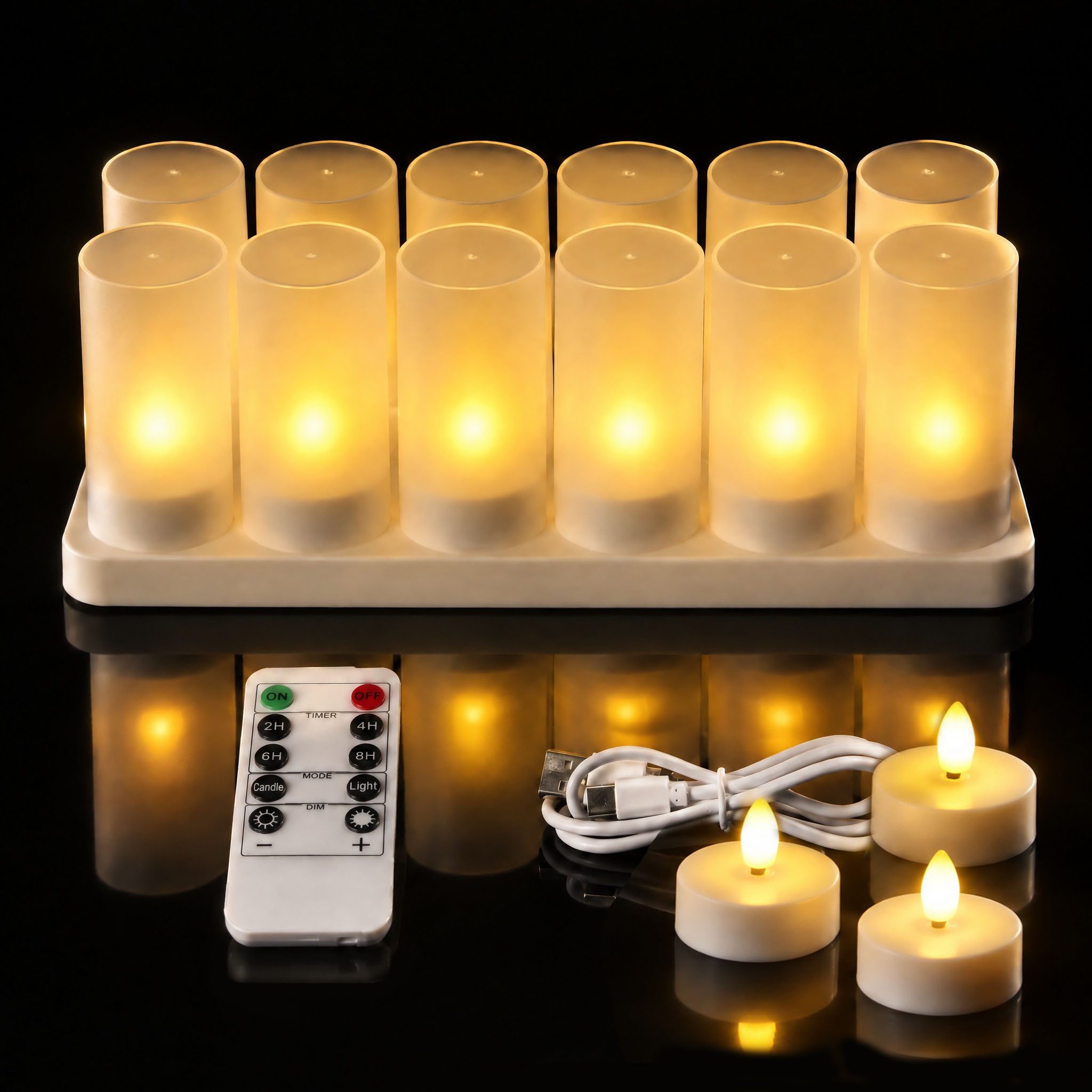 oyajia LED-Kerze 12er Set Flammenlose LED Kerzen, Flackernd mit Fernbedienung und Timer, LED fest integriert, Warmweiß, 3D-Docht, Realistisch Flackernde, Ladestation, Lampenschirm, Teelicht