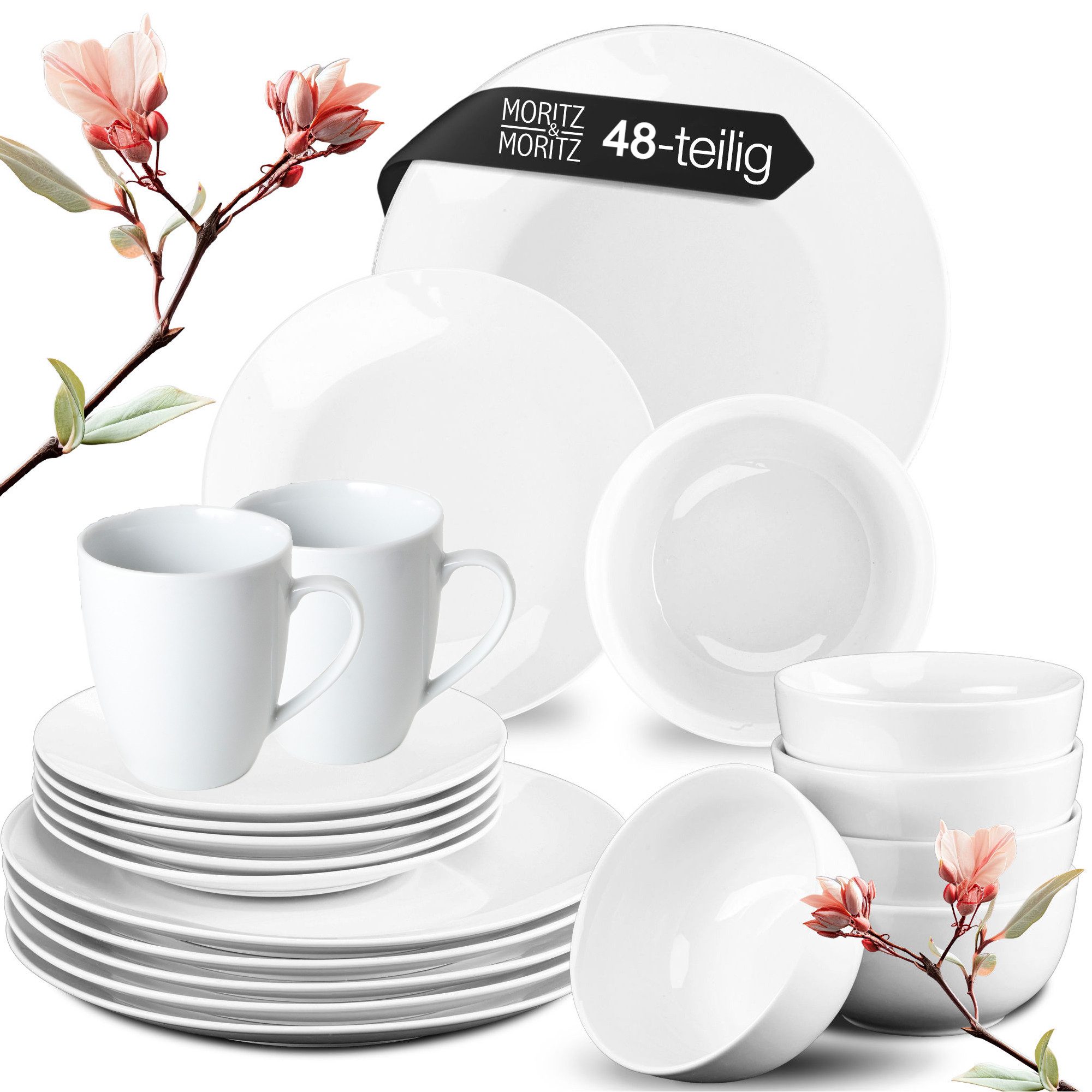 Moritz & Moritz Tafelservice BASIC Porzellan Geschirrset für 12 Personen mit Tassen (48-tlg), 12 Personen, Kombiservice mit 12 Tassen