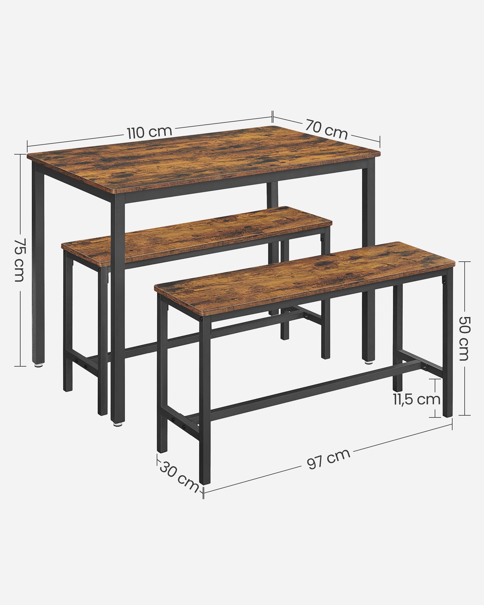 VASAGLE Essgruppe Esstisch mit 2 Bänken, 3er-Set, (3er-Set, 3-tlg., Esstisch mit 2 Bänken), Küchentisch 70 x 110 x 77 cm, 2 Bänke je 30 x 97 x 50 cm