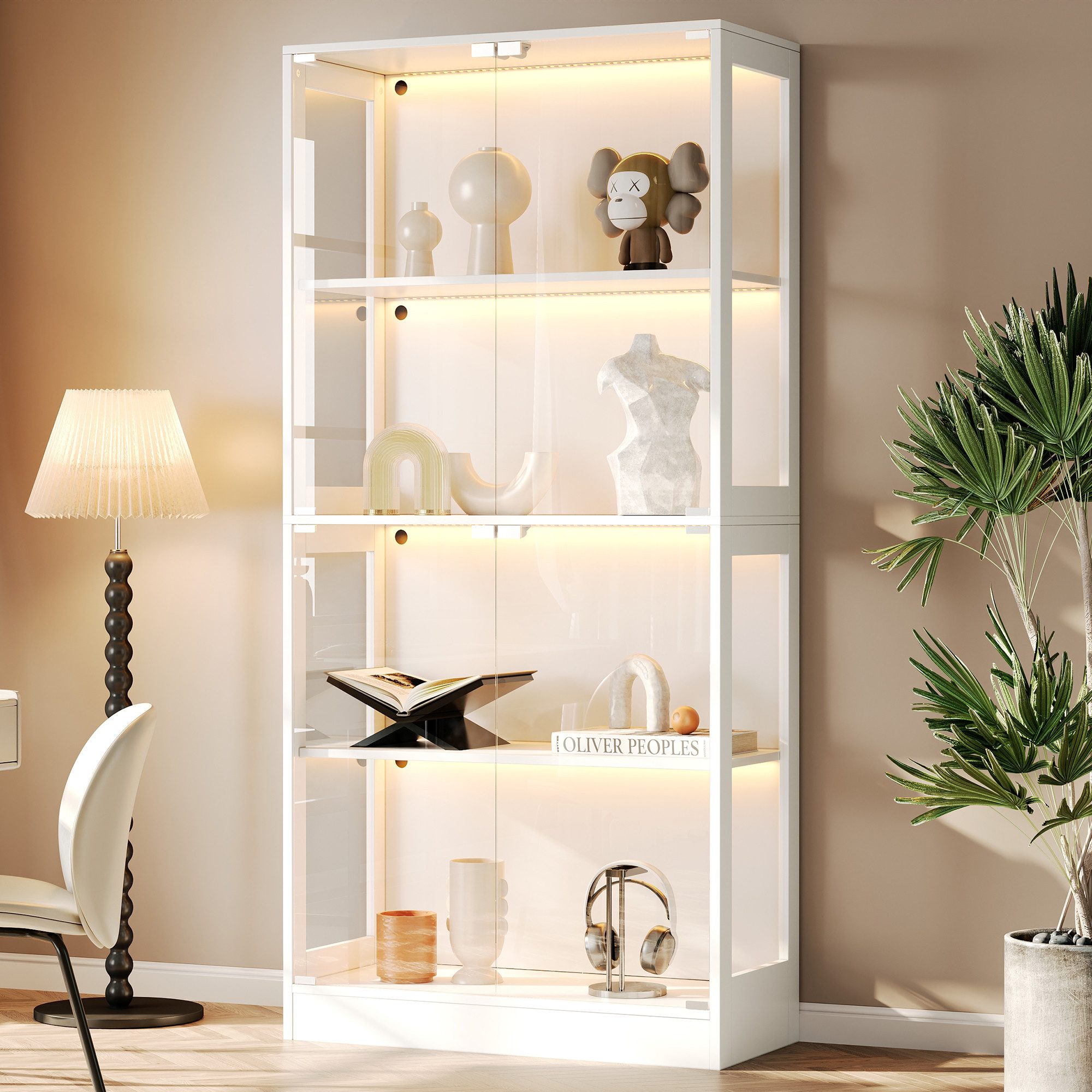 Odikalo Vitrine Vitrineschrank Glasvitrinen mit LED & Stauraum (80 x 35 x 170 cm, Transparent, 4 Ebenen Stauraum, App-gesteuertes LED-Licht, Push-to-Open Türen, Vitrine für Figuren & Modelle, Minimalistisches)