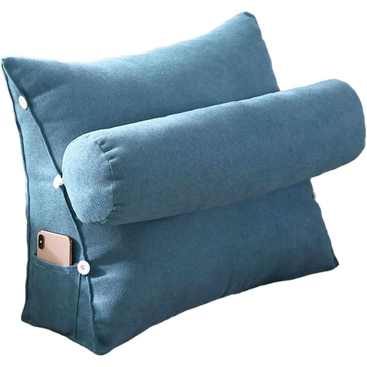götäzer Rückenkissen Dreieckiges Kissen als Nachttischkissen, Mit Seitentaschen, Bett-Nackenkissen und Rückenlehne (45 cm) Blau