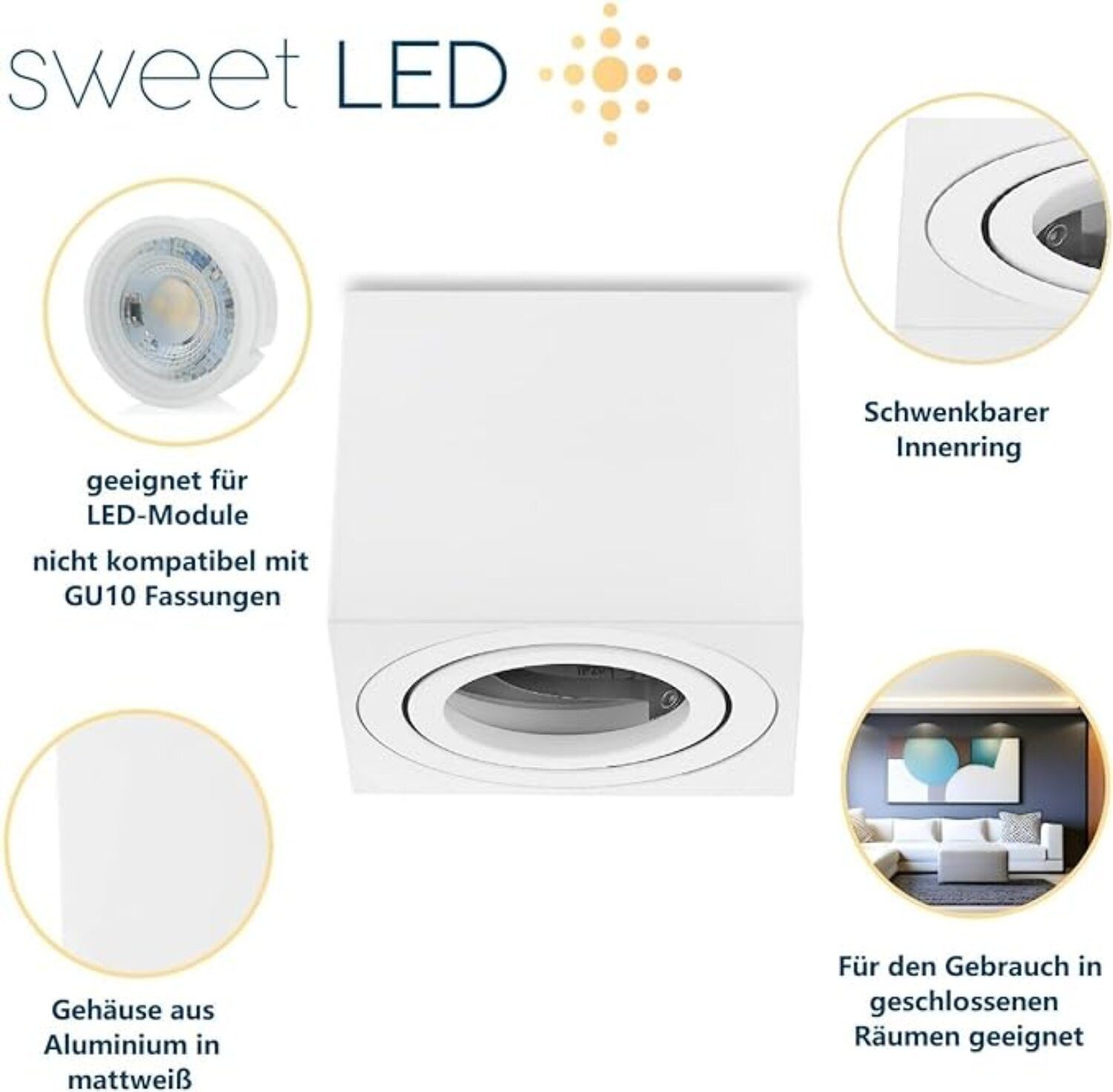 Sweet LED Aufbauleuchte Deckenspots Aufputz flach 50mm Alu 4xAufbauspots, Aufbaustrahler LED, Aufbauspot, Deckenstrahler
